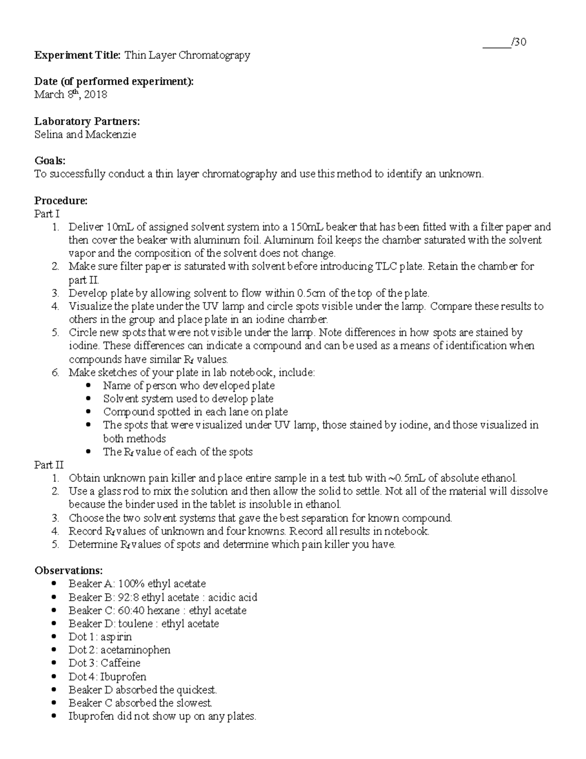 Thin Layer Chromatography Experiment - Studocu