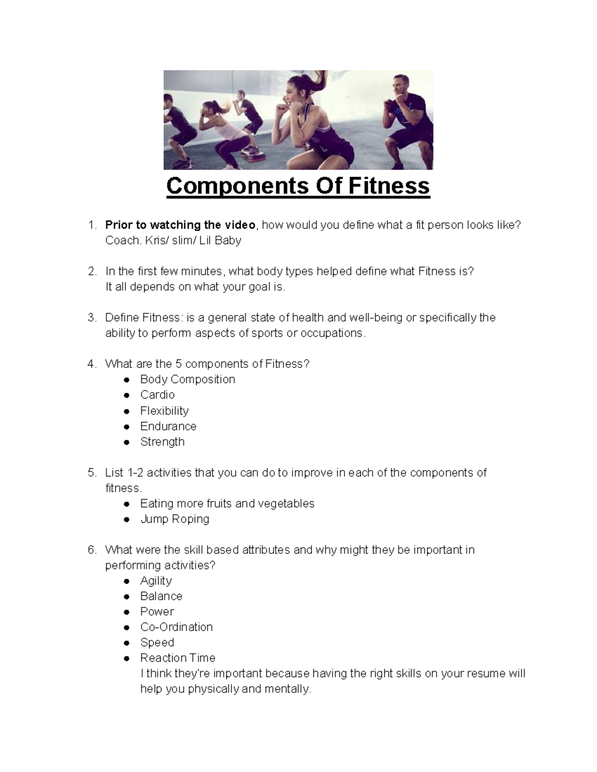 Components of Fitness worksheet