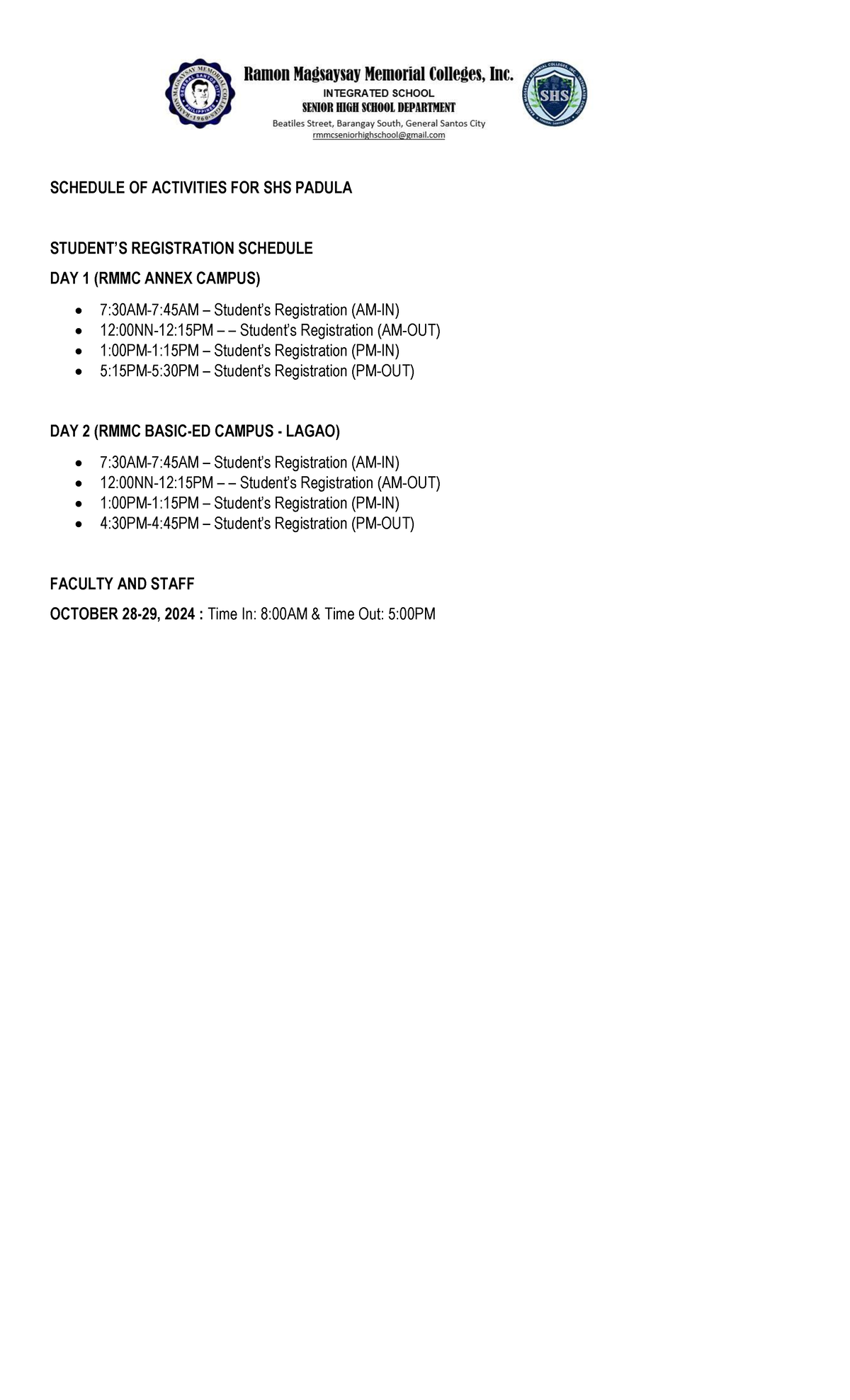 Updated Schedule OF Activities SHS Padula - SCHEDULE OF ACTIVITIES FOR ...
