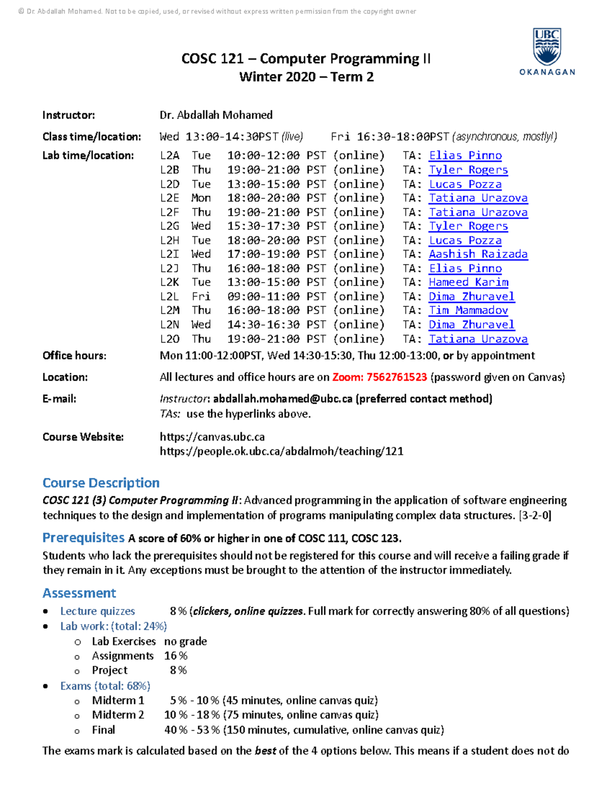 Syllabus - COSC 121 – Computer Programming II Winter 2020 – Term 2 ...