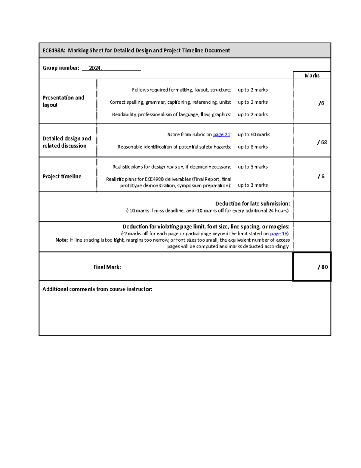 3a(2023)marking sheet detailed design - ECE498A - UWaterloo - Studocu