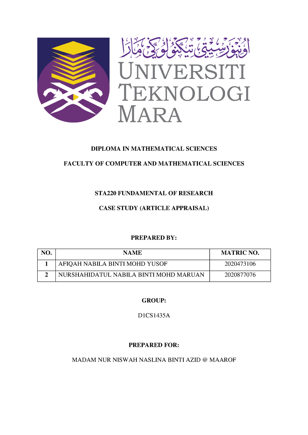 STA220 Study CASE ( Group 3 - PAIR) - DIPLOMA IN MATHEMATICAL SCIENCES ...