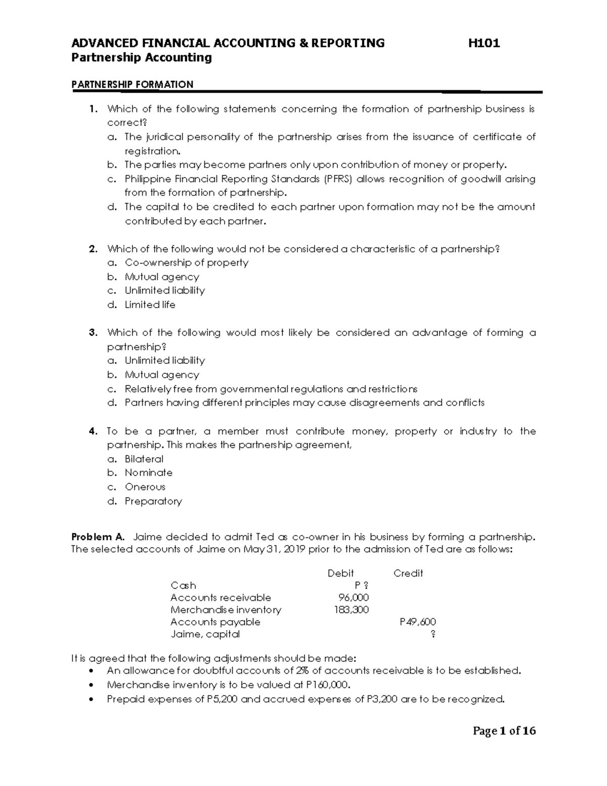 01 PArtnership Quizzer - ADVANCED FINANCIAL ACCOUNTING & REPORTING H ...