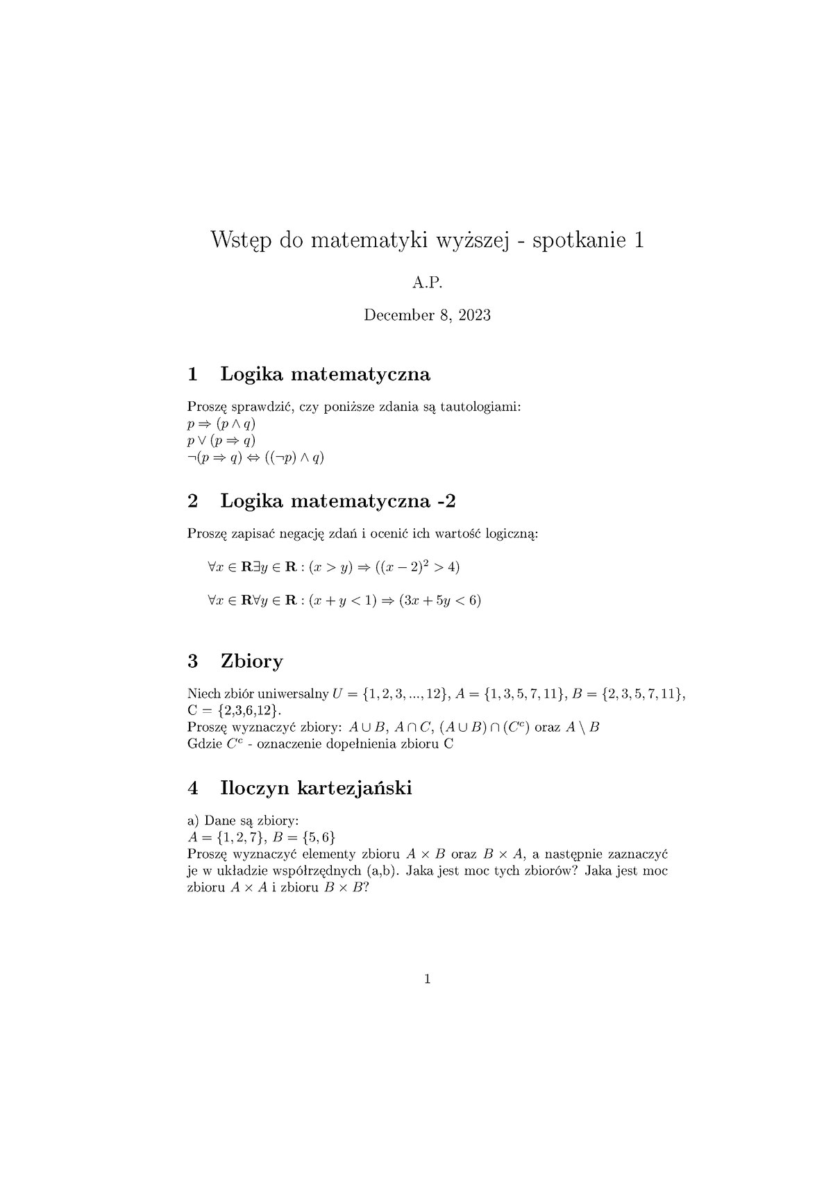 Zadania, Spotkanie 1 - Wst¦p Do Matematyki Wy»szej - Spotkanie 1 A ...