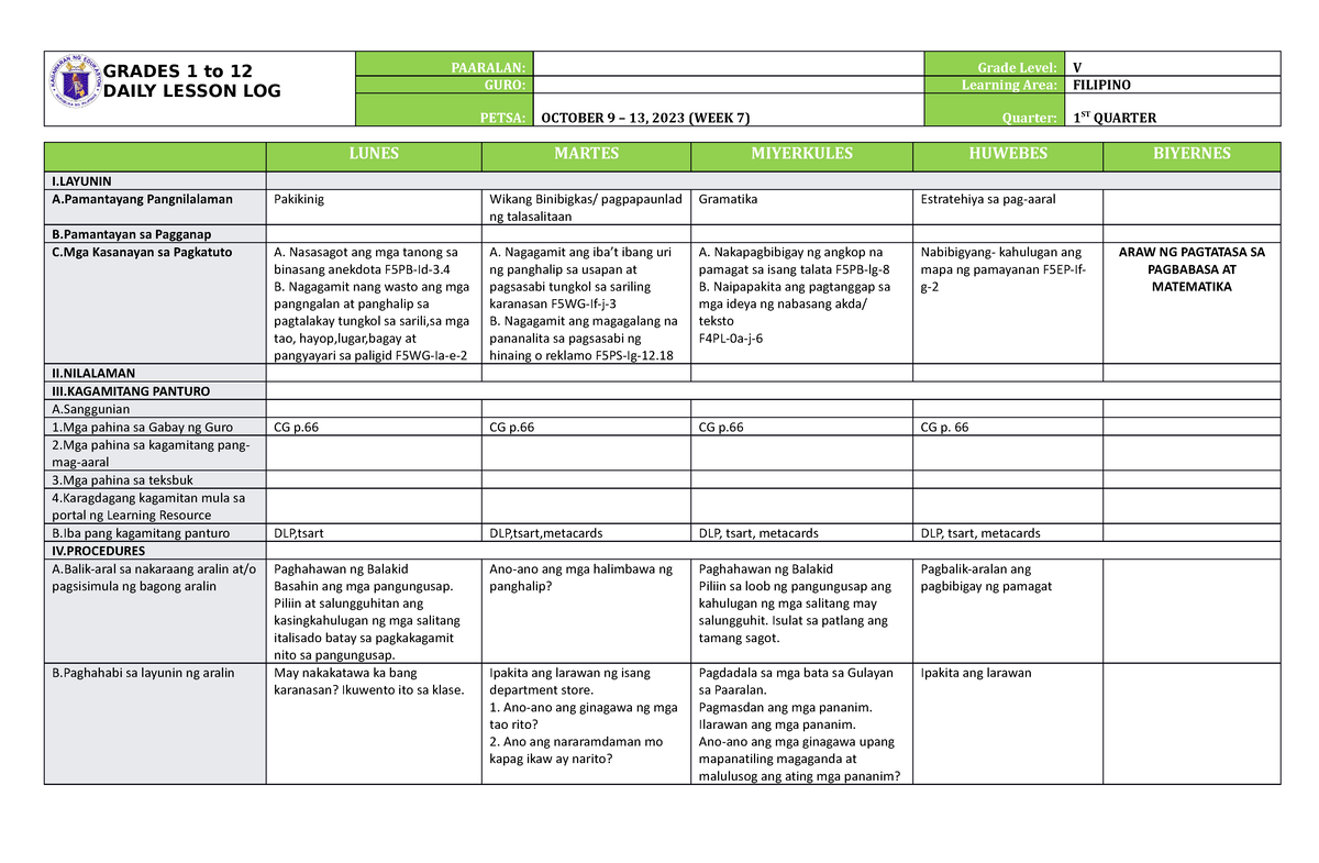 DLL Filipino 5 Q1 W7 - FOR REFERENCE - GRADES 1 To 12 DAILY LESSON LOG ...