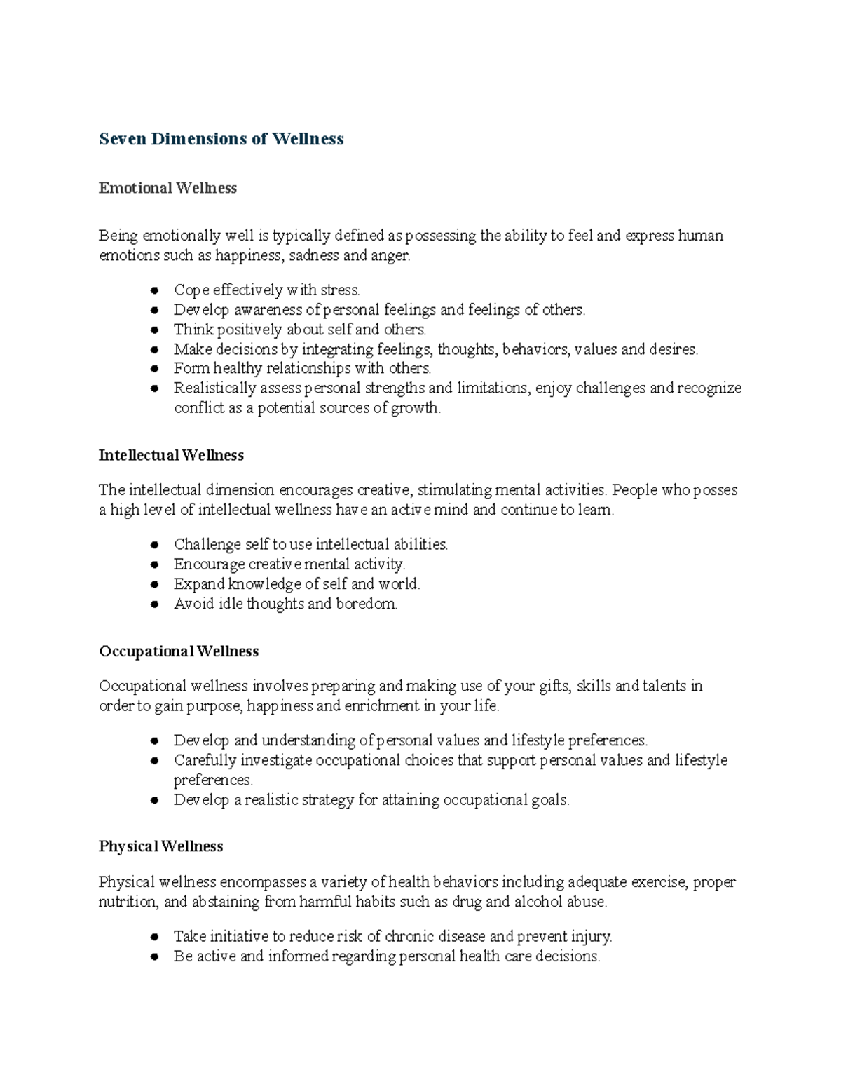 Seven Dimensions of Wellness - Seven Dimensions of Wellness Emotional ...