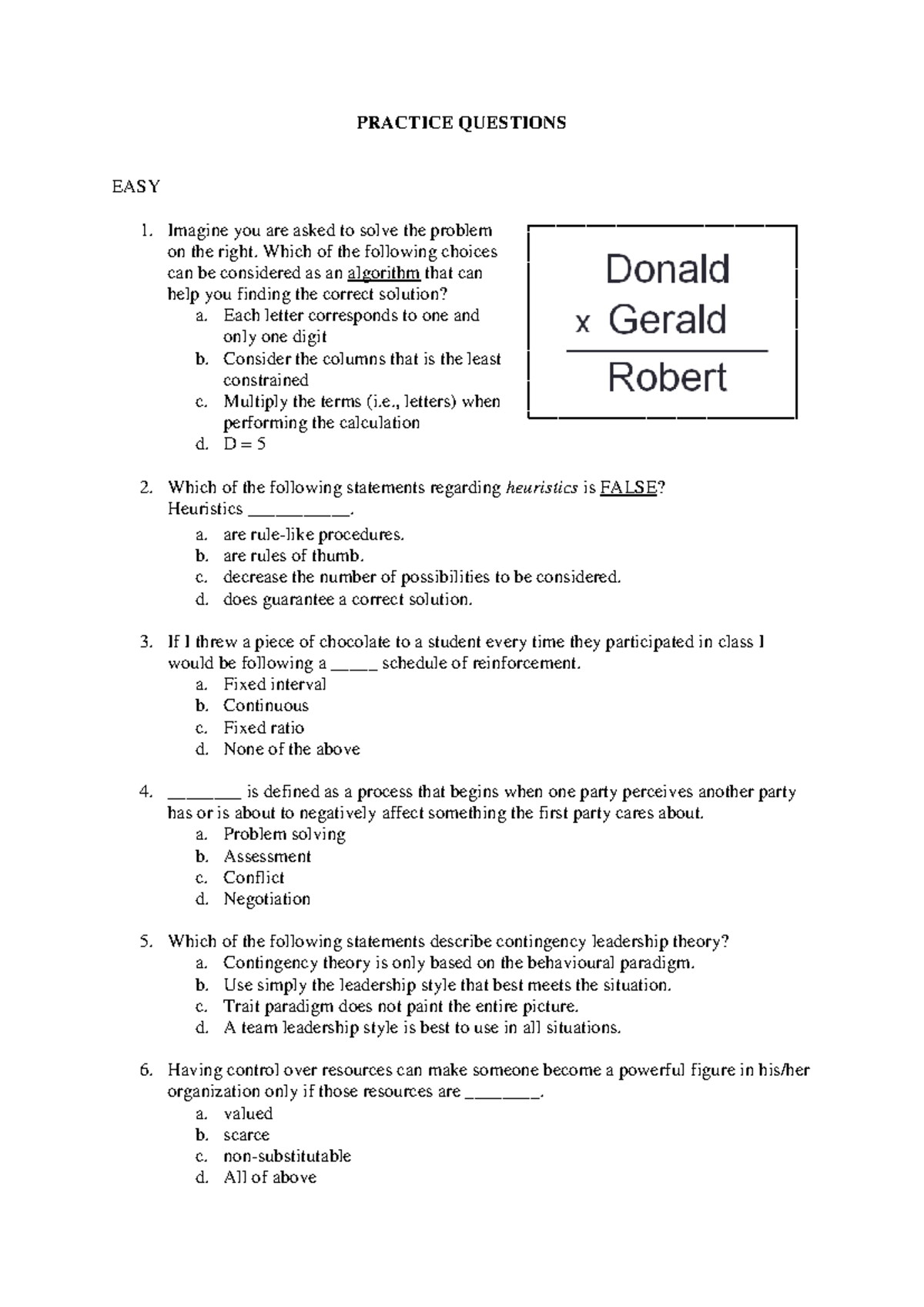 Practice questions - PRACTICE QUESTIONS EASY Imagine you are asked to ...