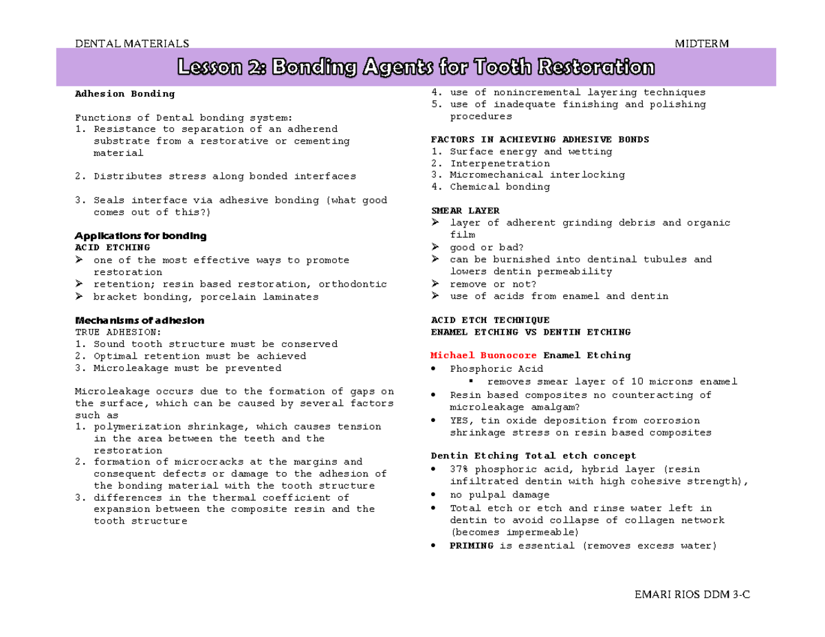 DentMatbonding agents DENTAL MATERIALS MIDTERM EMARI RIOS DDM 3C Adhesion Bonding Functions