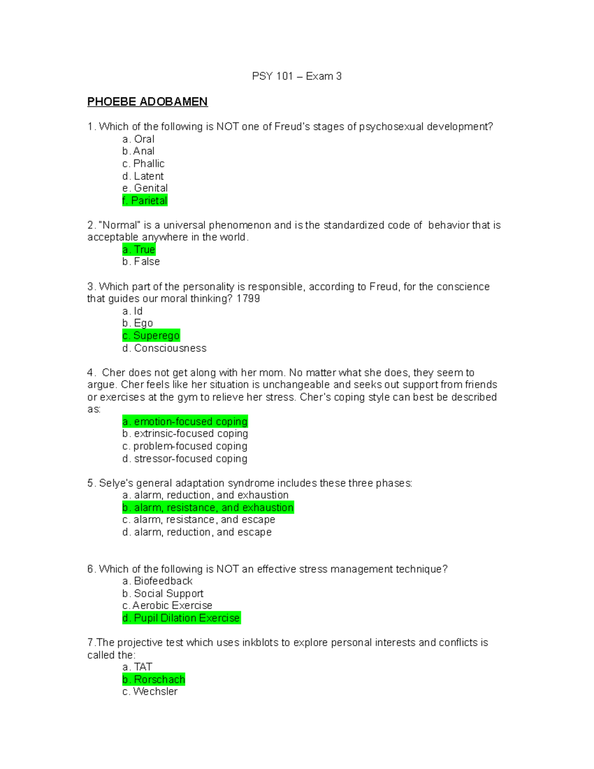 Psychology 101 - Exam 3 - PSY 101 – Exam 3 PHOEBE ADOBAMEN Which Of The ...