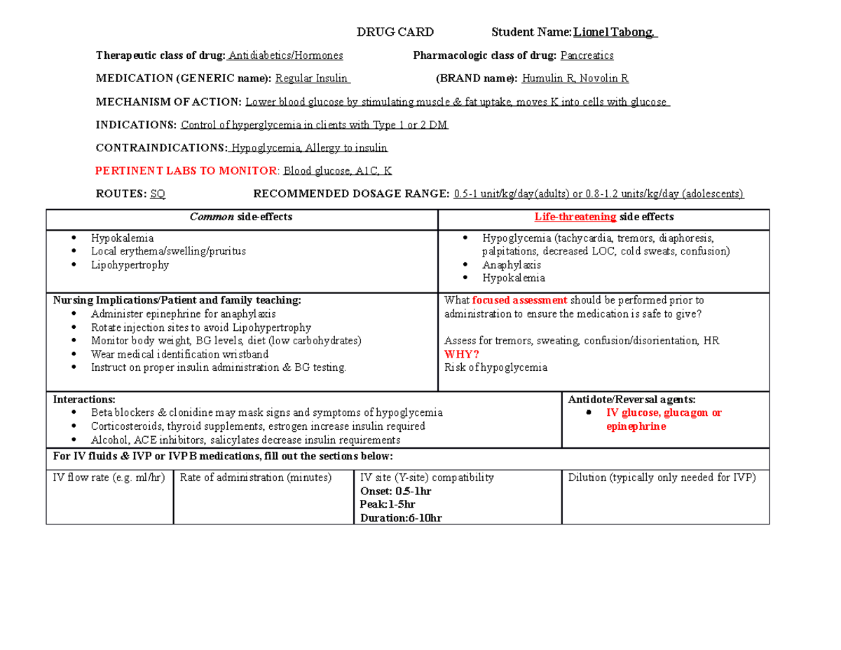 Regular Insulin Drug Card - DRUG CARD Student Name:Lionel Tabong ...