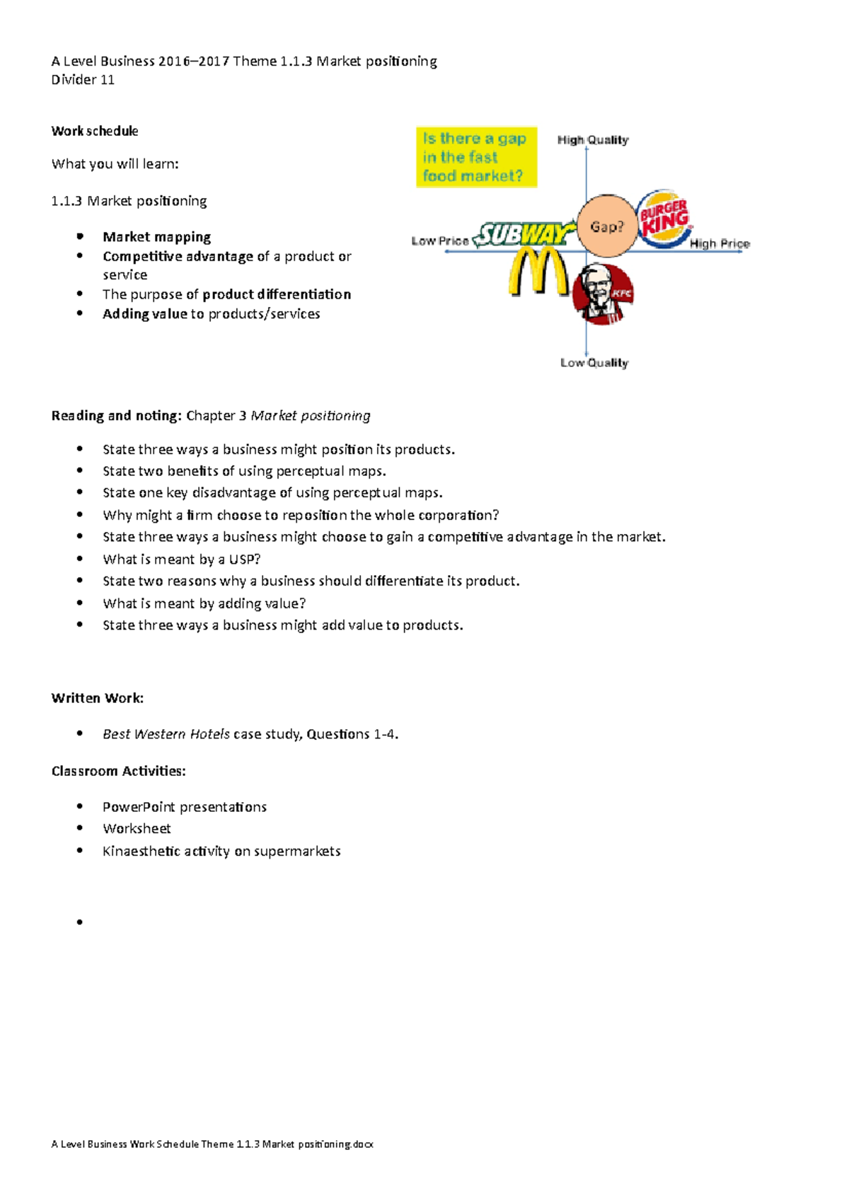 A Level Business Work Schedule Theme 1.1.3 Market positioning copy - A ...