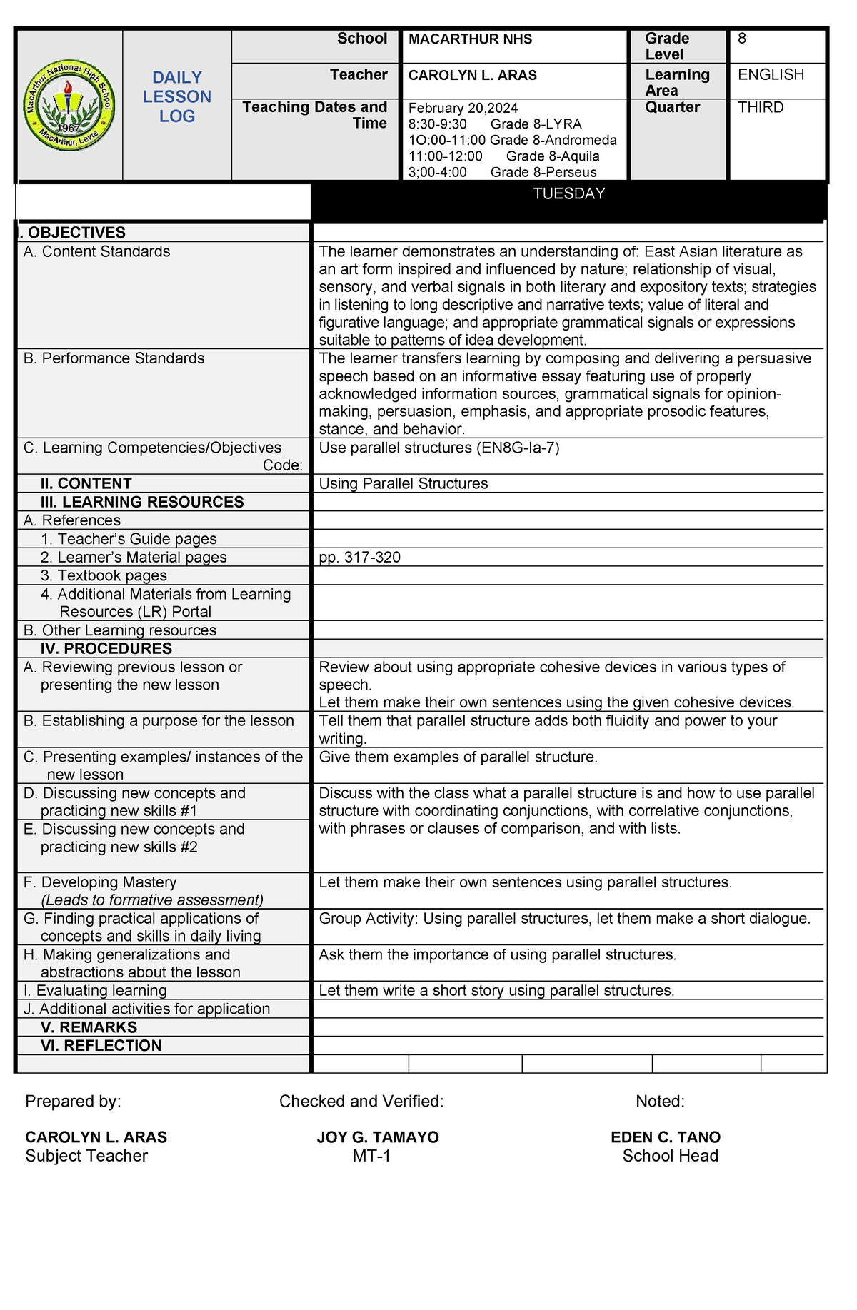 DLL Parallel Structures - Prepared by: Checked and Verified: Noted ...