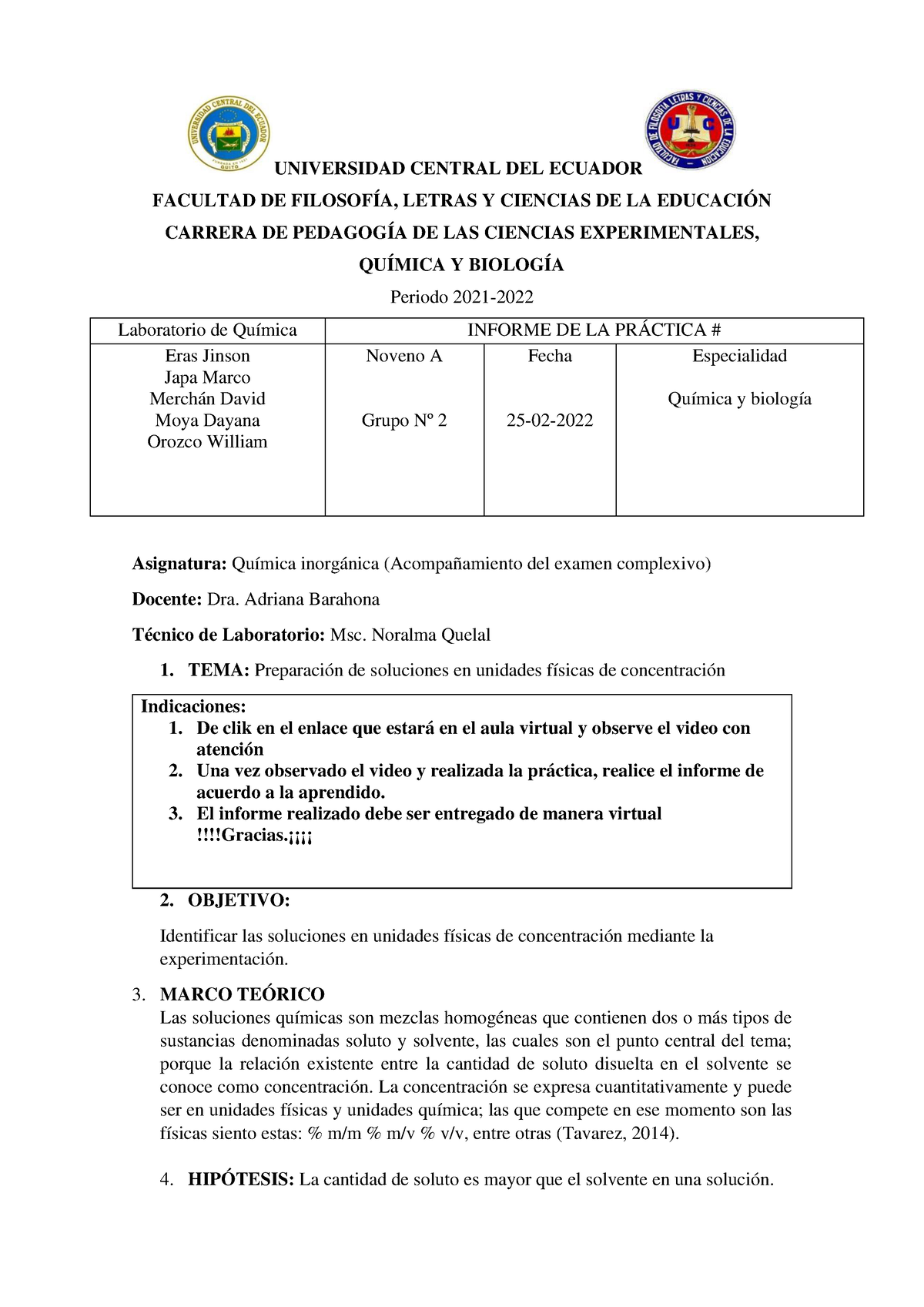 Informe DE PRÁ Ctica N º 1 Grupo 2 - UNIVERSIDAD CENTRAL DEL ECUADOR ...