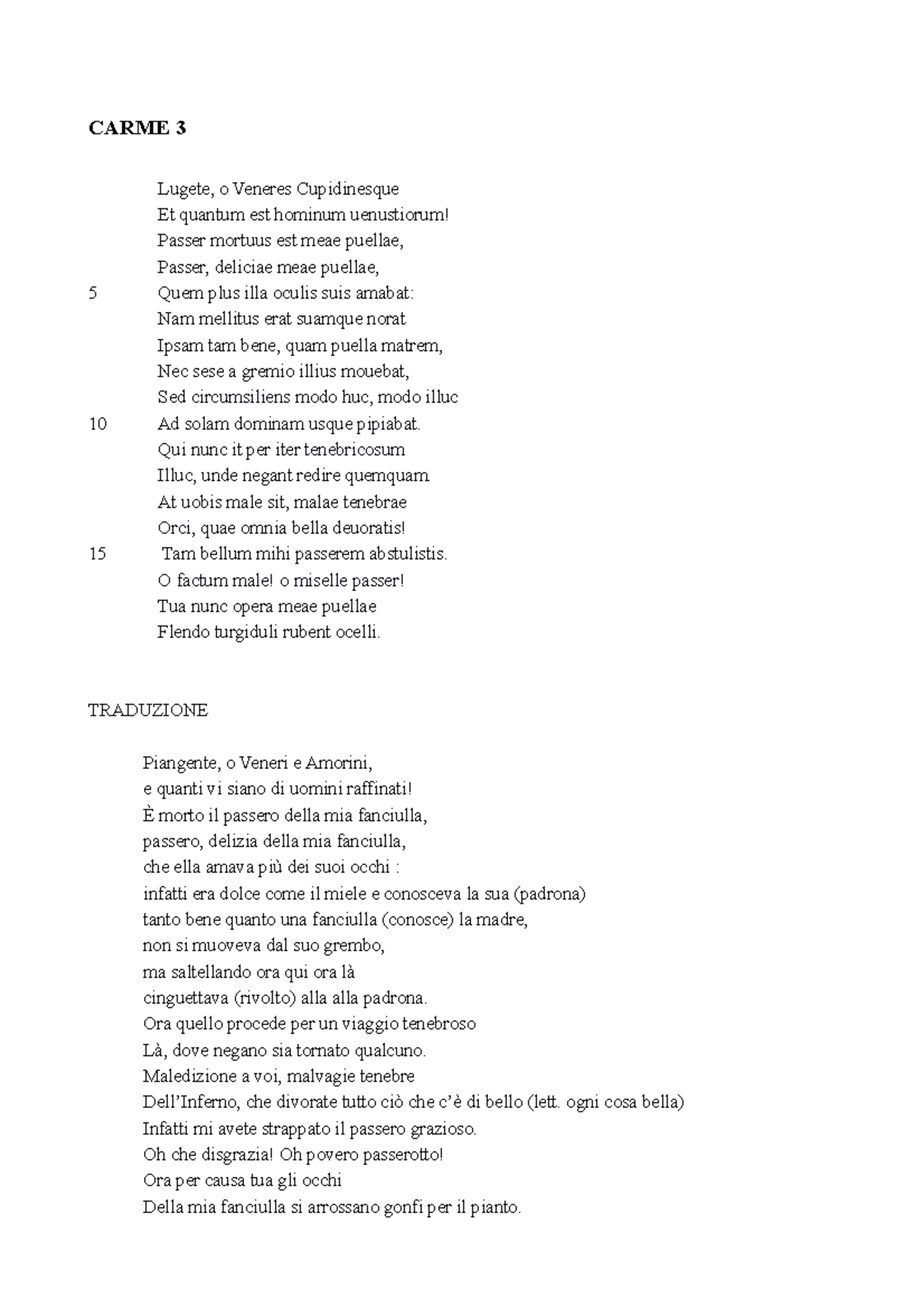 Catullo Carme 3 Traduzione E Analisi