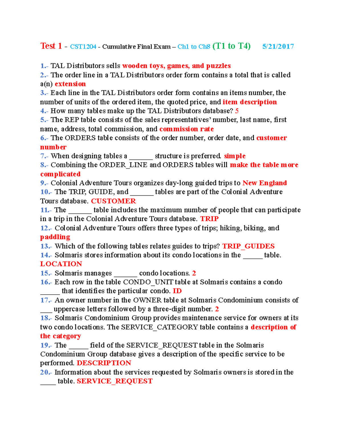 CST1204 Final Exam Cumulative Ch1 to Ch8 Test 1 CST1204