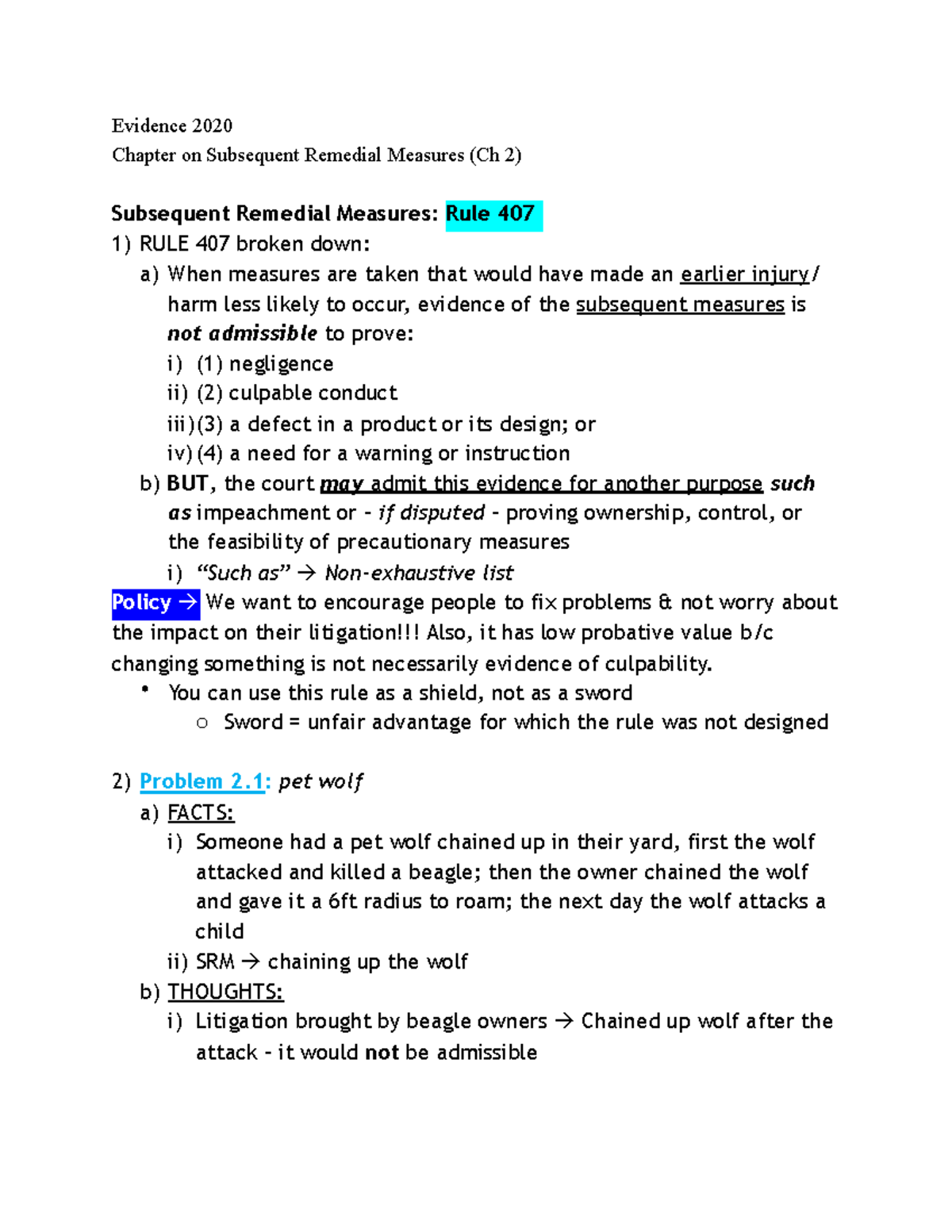 Evidence 2020 Chapter On Subsequent Remedial Measures Ch 2 Yo U C A