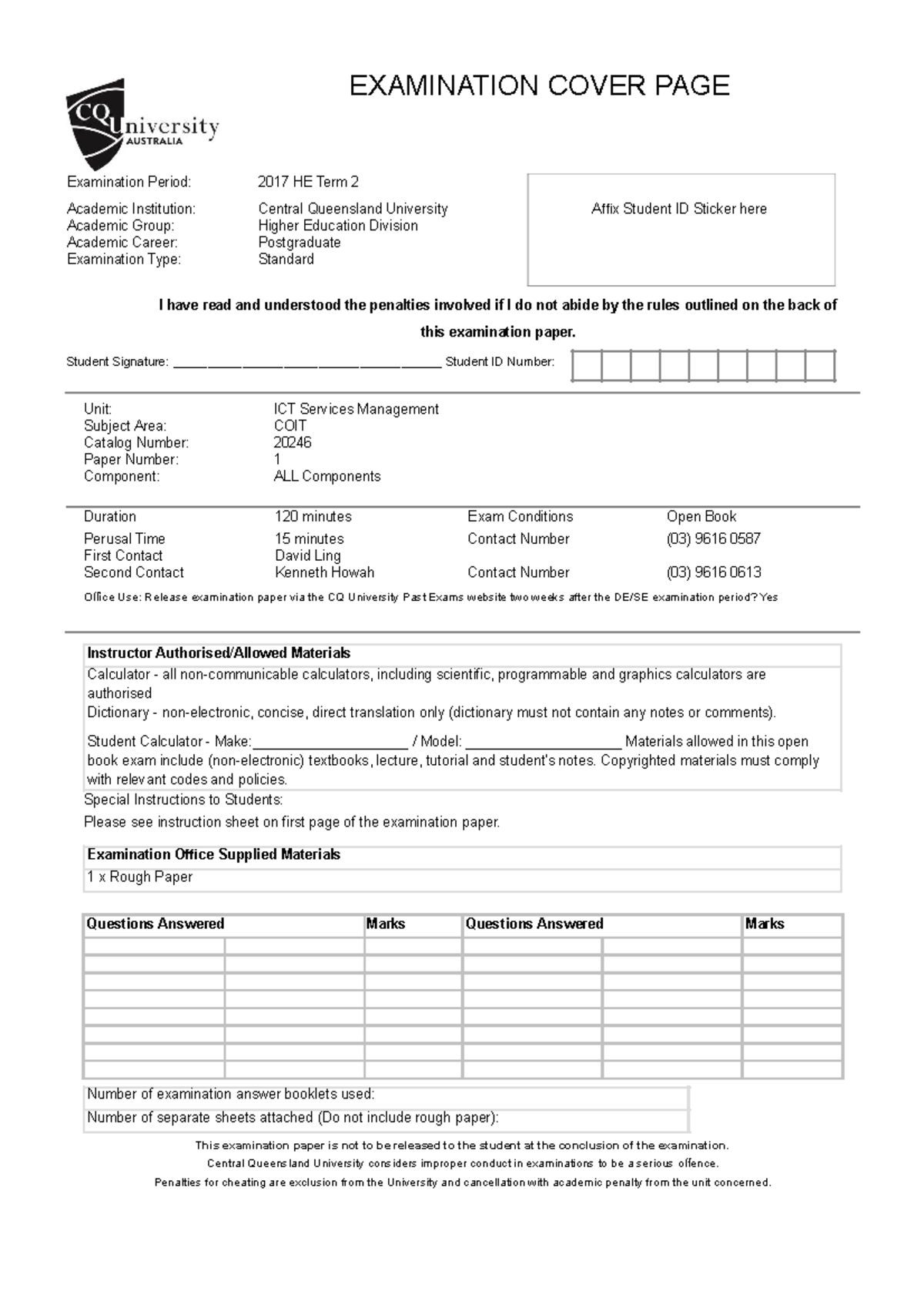 Exam 3 August 2017, questions - EXAMINATION COVER PAGE Examination ...