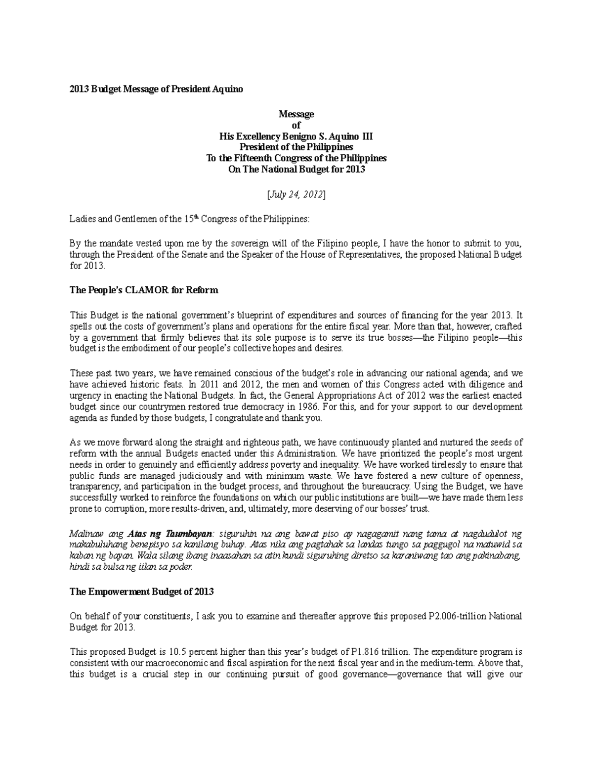 2013 Budget Message of President Aquino - Aquino III President of the ...