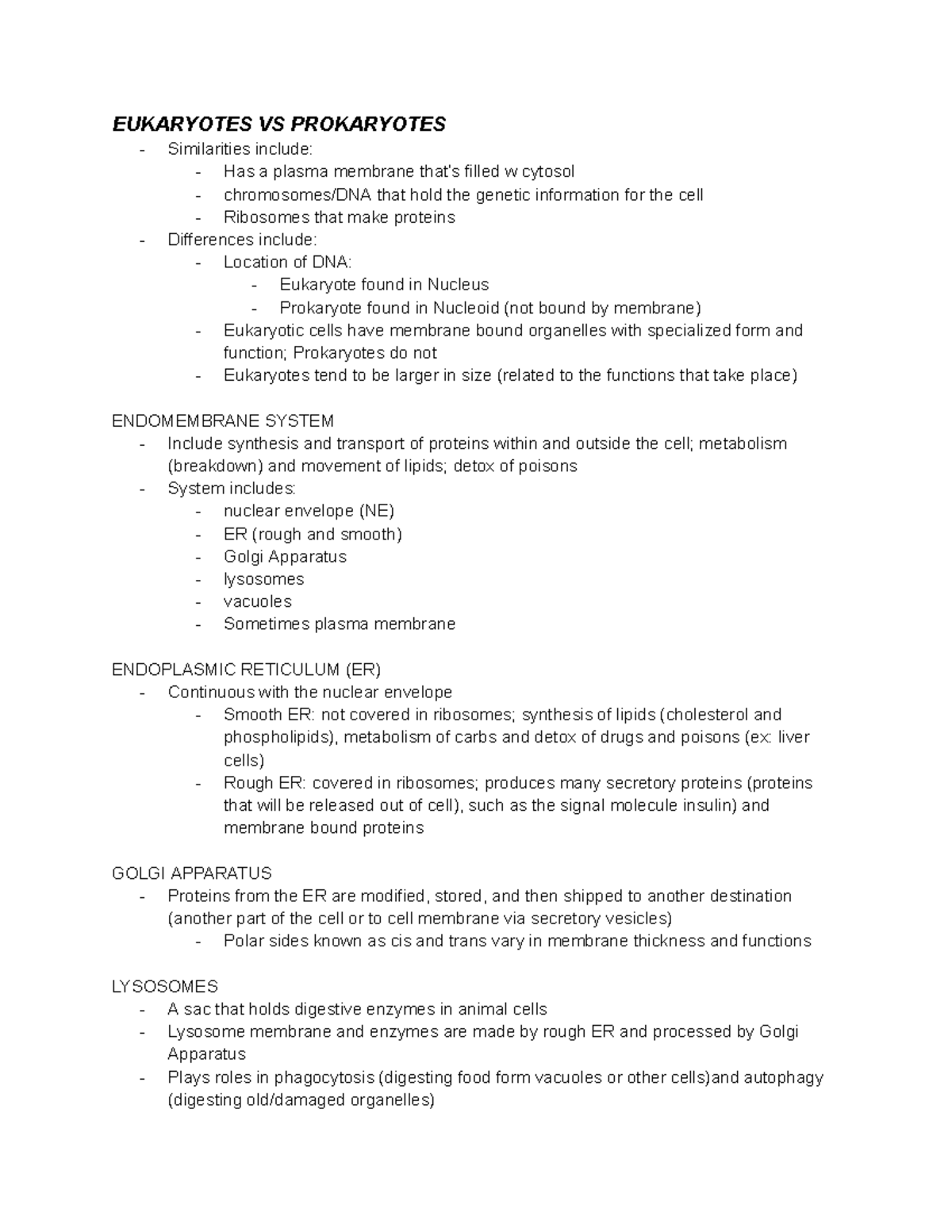 CH4 A TOUR OF THE CELL - ap bio unit 2 - EUKARYOTES VS PROKARYOTES ...