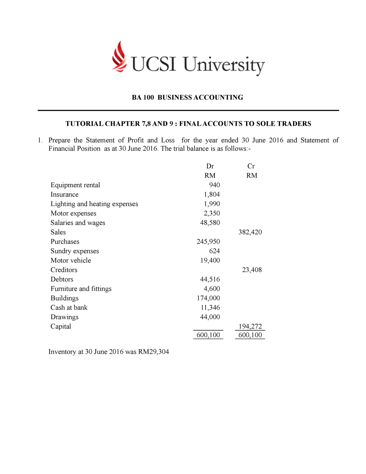 BA 100 - Tutorial Week 5,6 - BA 100 BUSINESS ACCOUNTING TUTORIAL ...