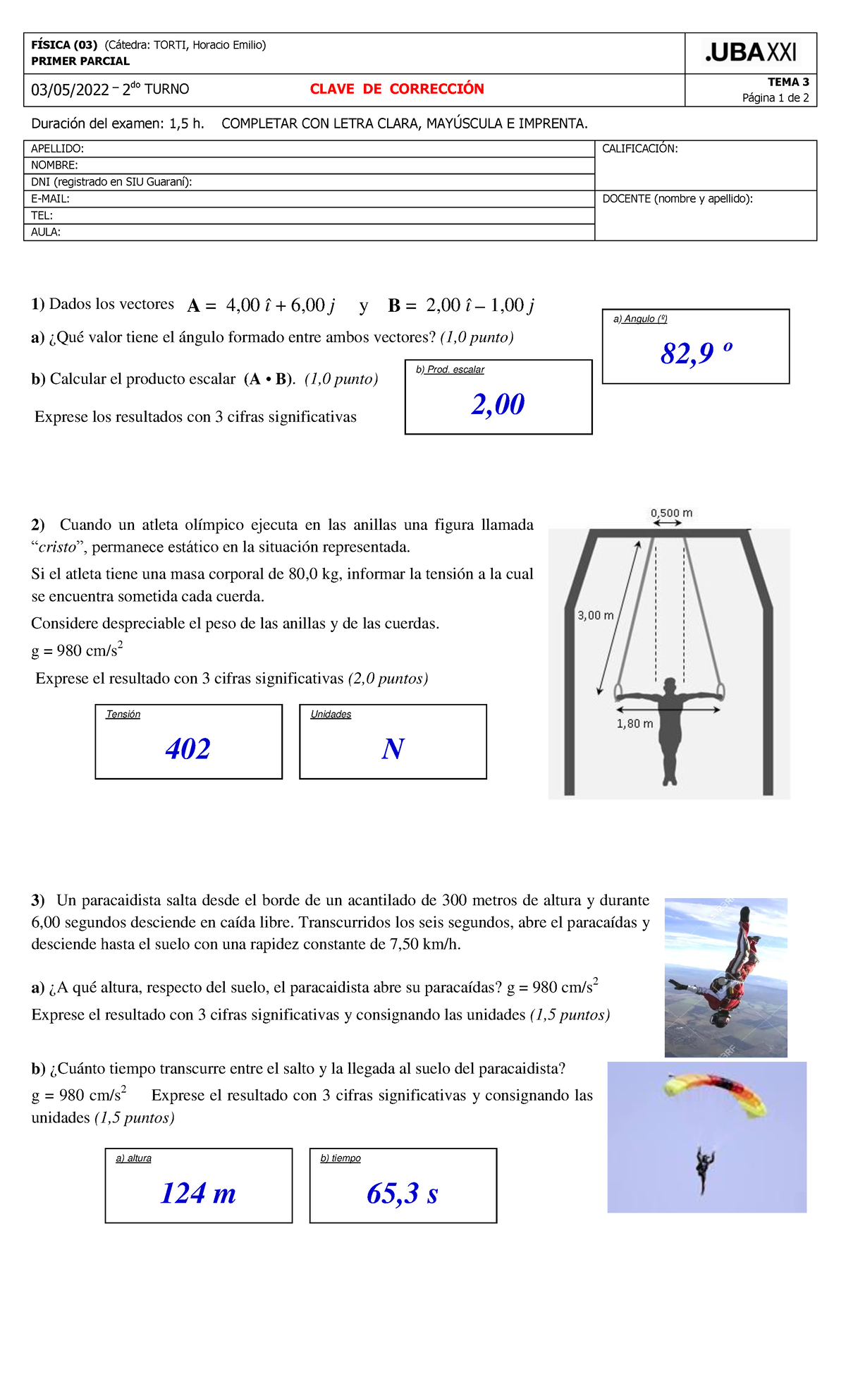 Clave DE Corrección Física Primer Parcial 2022-1 TEMA 3 - FÕSICA (03 ...