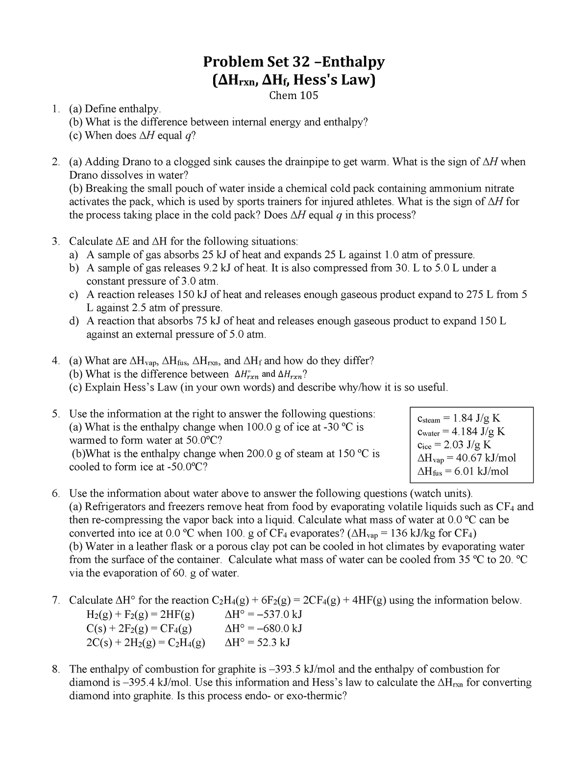 PS 32 2023 2 work Problem Set 32 Enthalpy Hrxn Hf