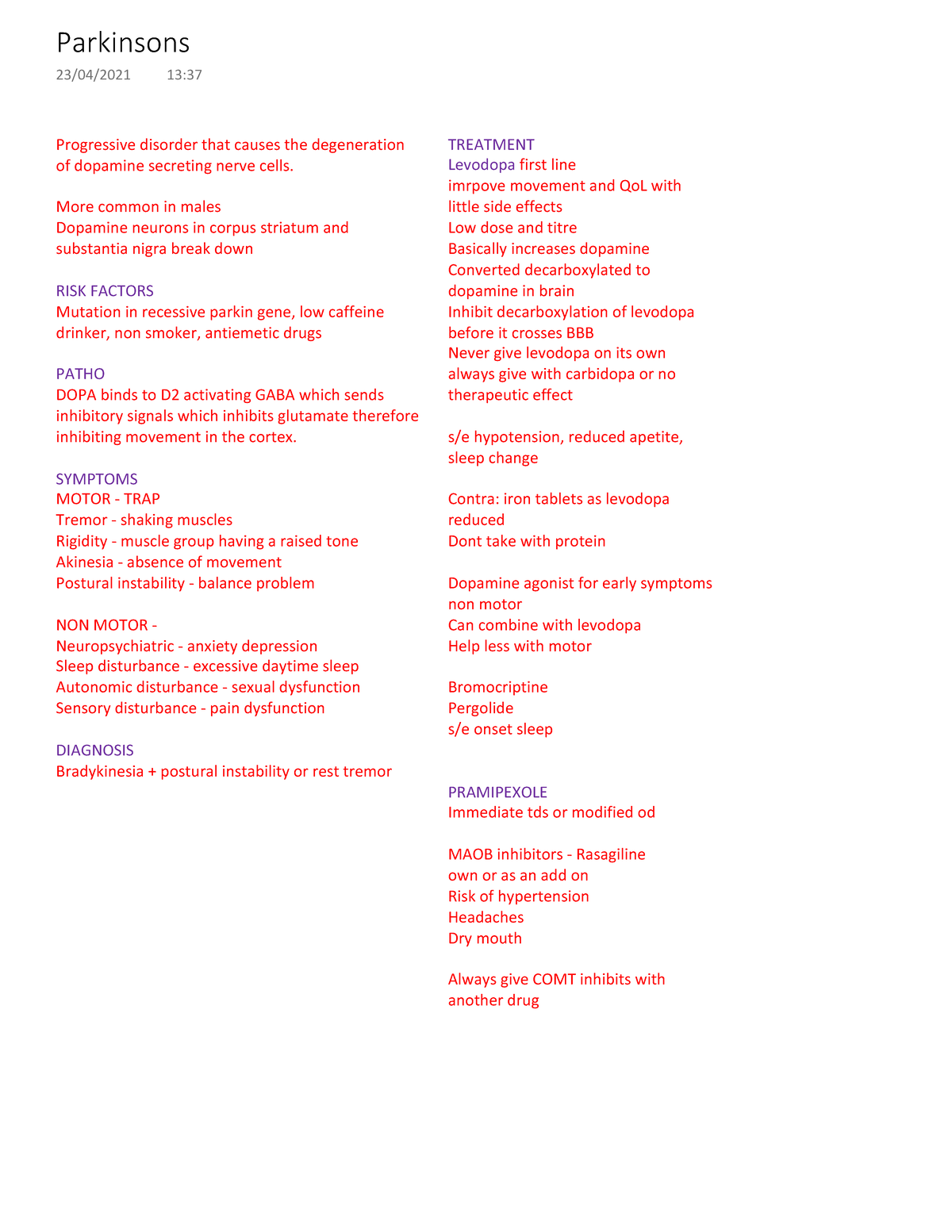 Parkinsons - Progressive disorder that causes the degeneration of ...