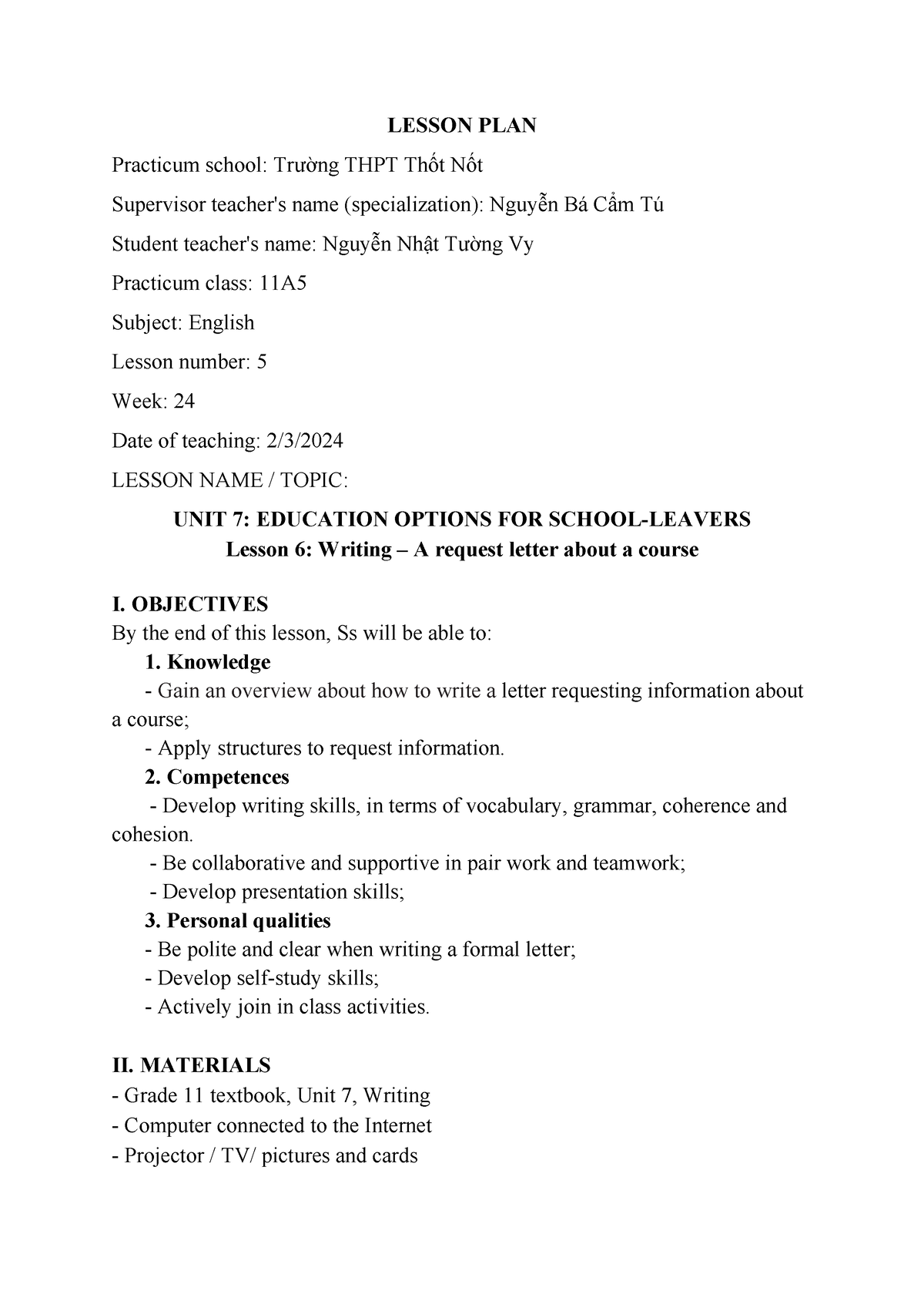 Lesson Plan Writing Unit 7 Lesson Plan Practicum School Trường Thpt Thốt Nốt Supervisor