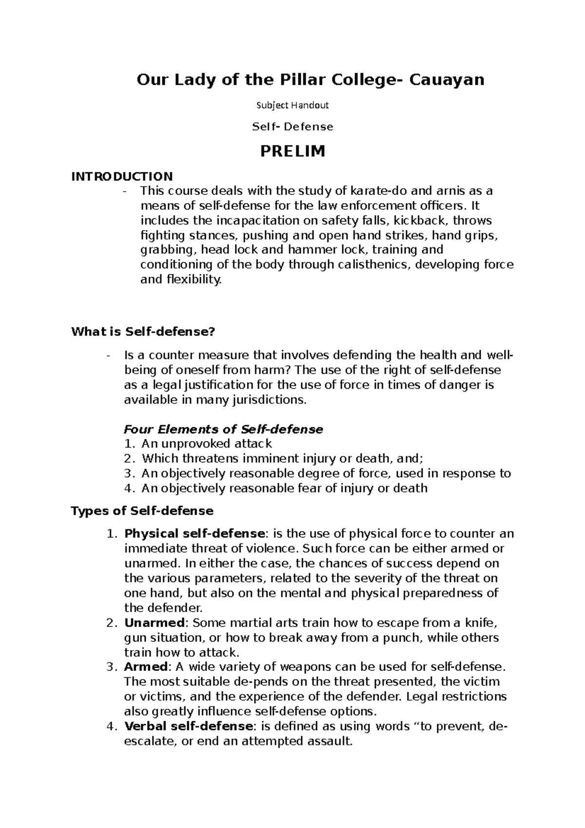 PE Self Defense Hand-outs - Our Lady of the Pillar College- Cauayan ...