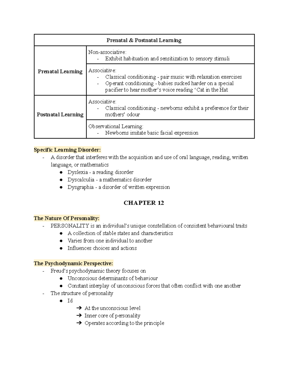 PS101 chapter 12 notes - 3UHQDWDO 3RVWQDWDO /HDUQLQJ 3UHQDWDO /HDUQLQJ ...