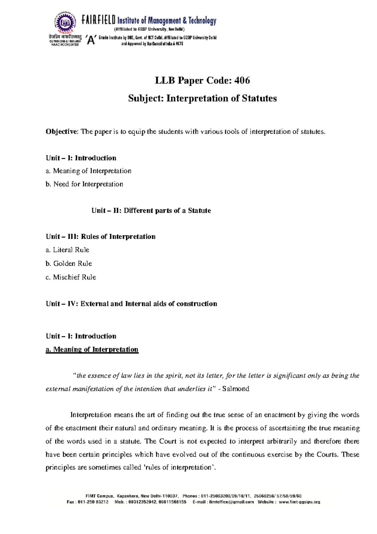 Intpret - interpretation of statute - LLB Paper Code: 406 Subject ...