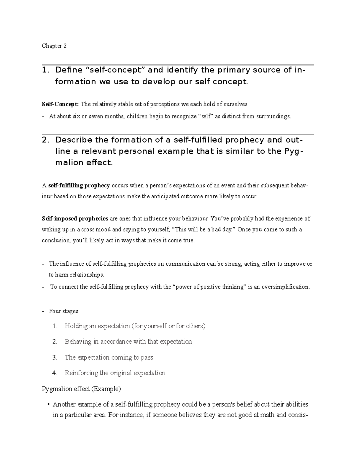 Lesson 2 OL 200 Notes Chapter 2 1 Define self concept And