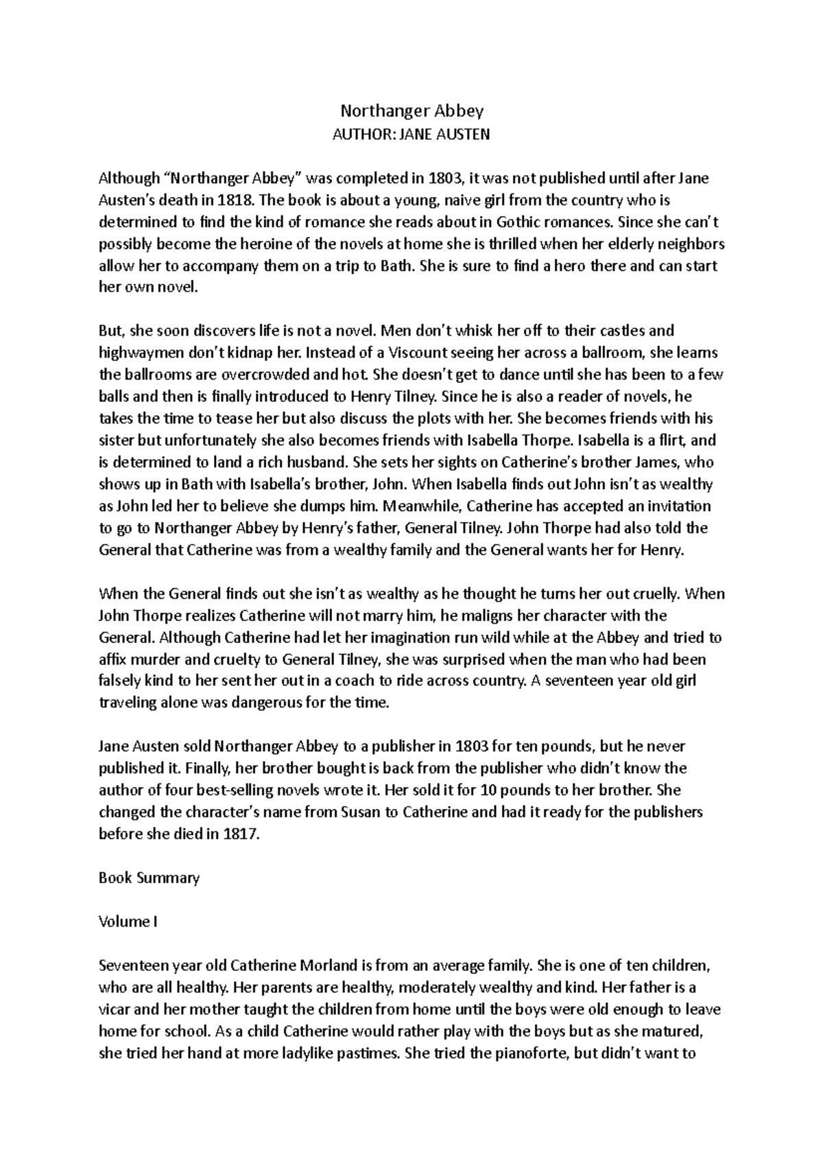 Northanger Abbeyy - Summary - Northanger Abbey AUTHOR: JANE AUSTEN ...