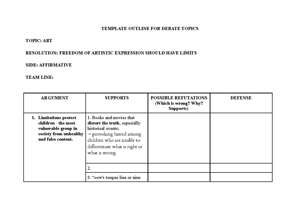 Template outline ART - kkkk - TEMPLATE OUTLINE FOR DEBATE TOPICS TOPIC ...