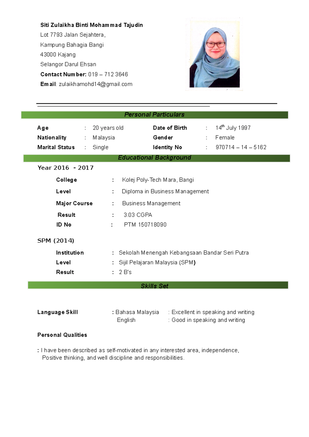 MY Resume (aka) JR HIHI - Personal Particulars Age : 20 years old Date ...