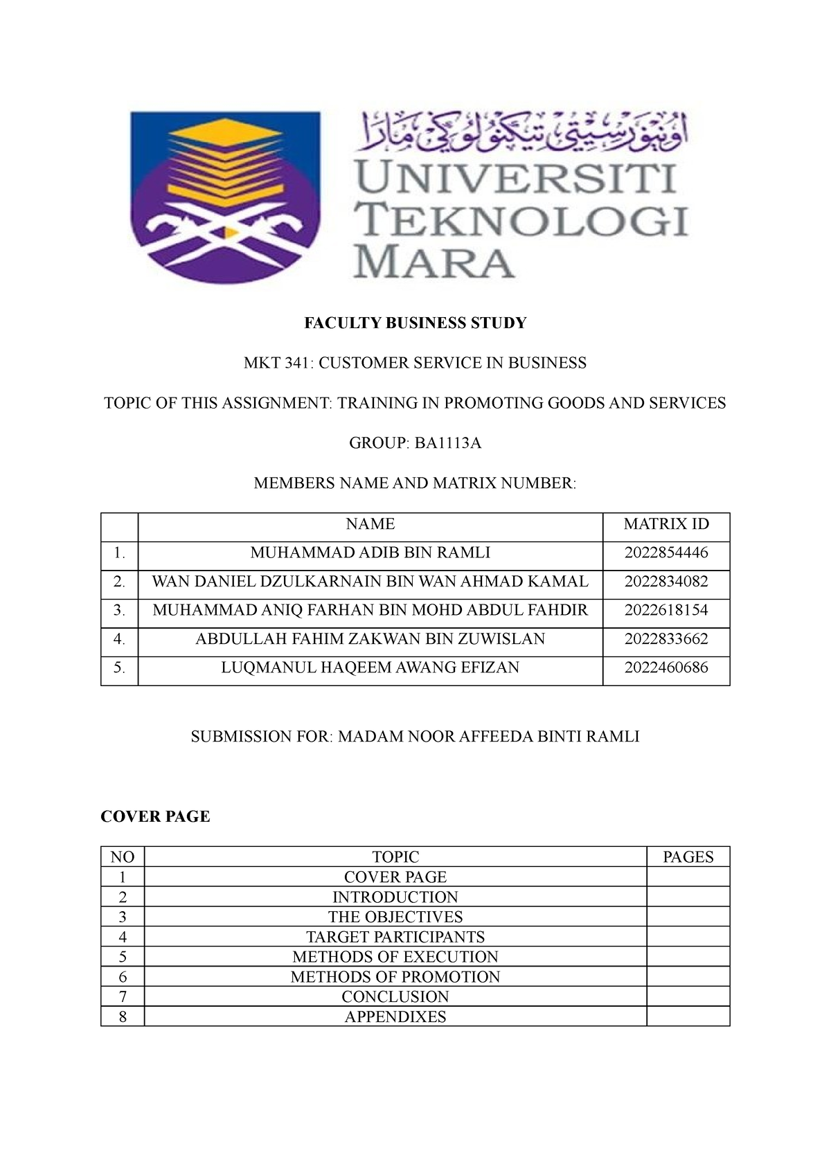 Mkt 341 First Assignment - FACULTY BUSINESS STUDY MKT 341: CUSTOMER ...