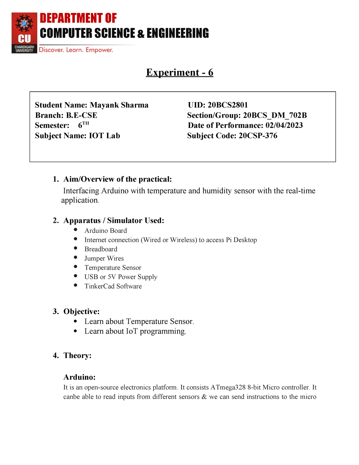 IOT 6 Mayank - COMPUTER SCIENCE & ENGINEERING Experiment - 6 Student ...