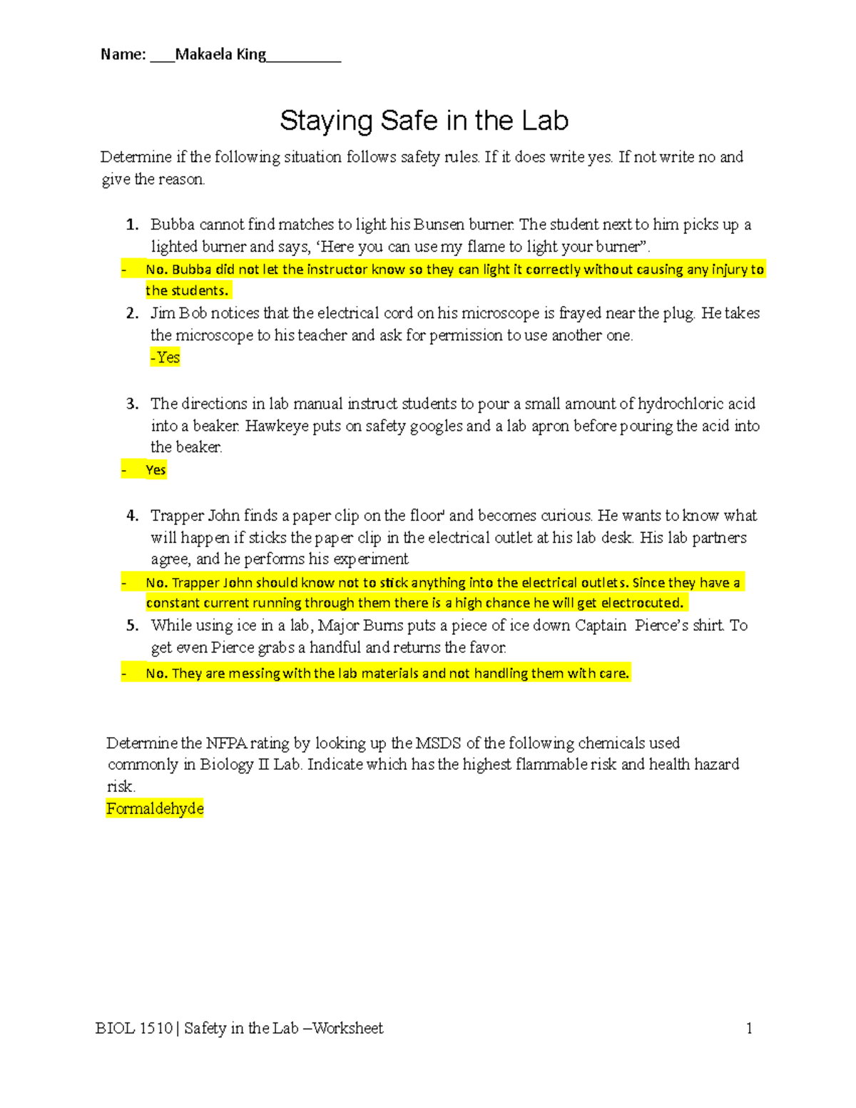 Lab Safety Worksheet Filled Out Name Makaela King Staying Safe