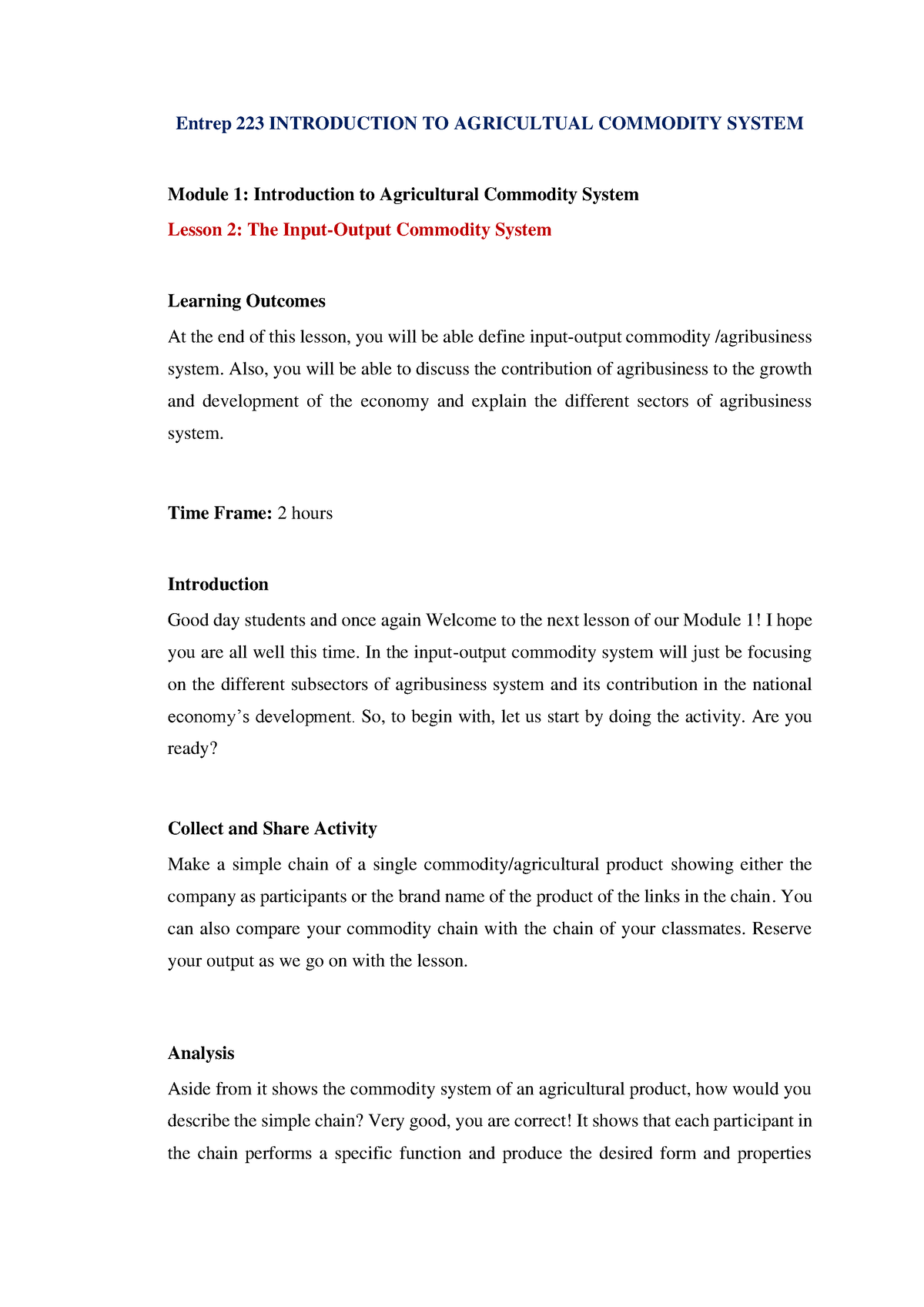 Module 1 Lesson 2 - Agricultural Commodity System - Etrp 223 Lecture 