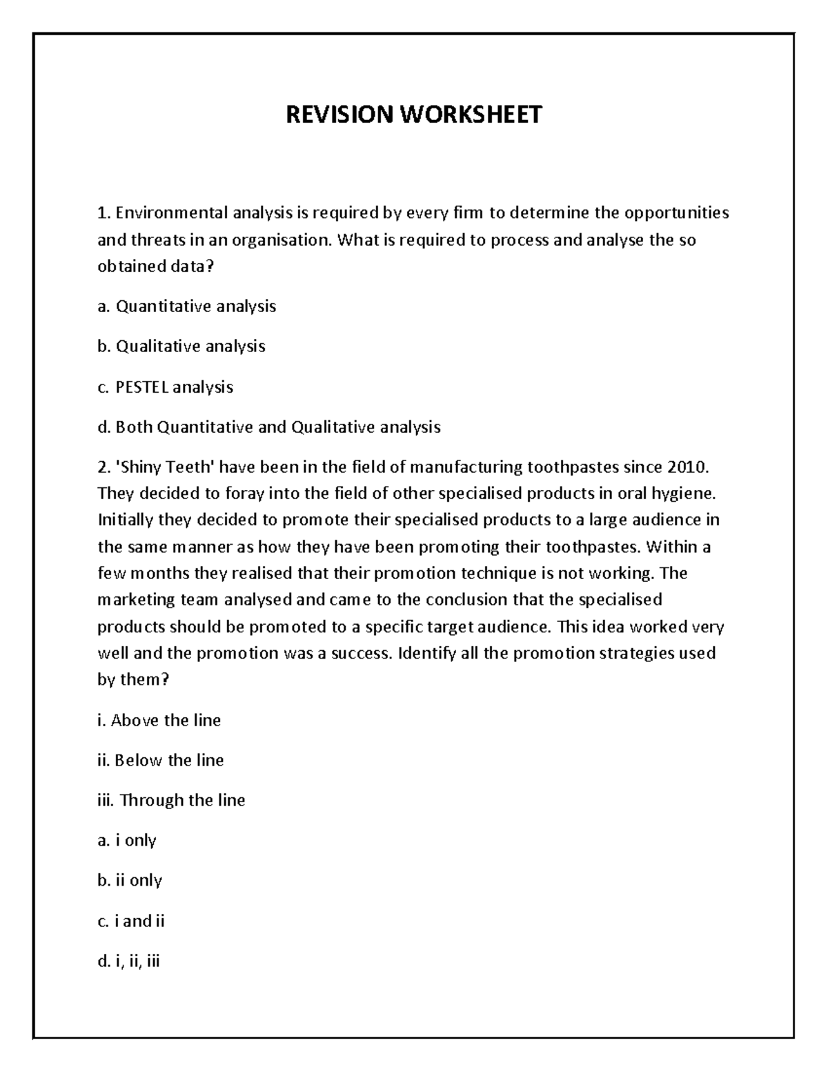 Practice paper entre - REVISION WORKSHEET Environmental analysis is ...