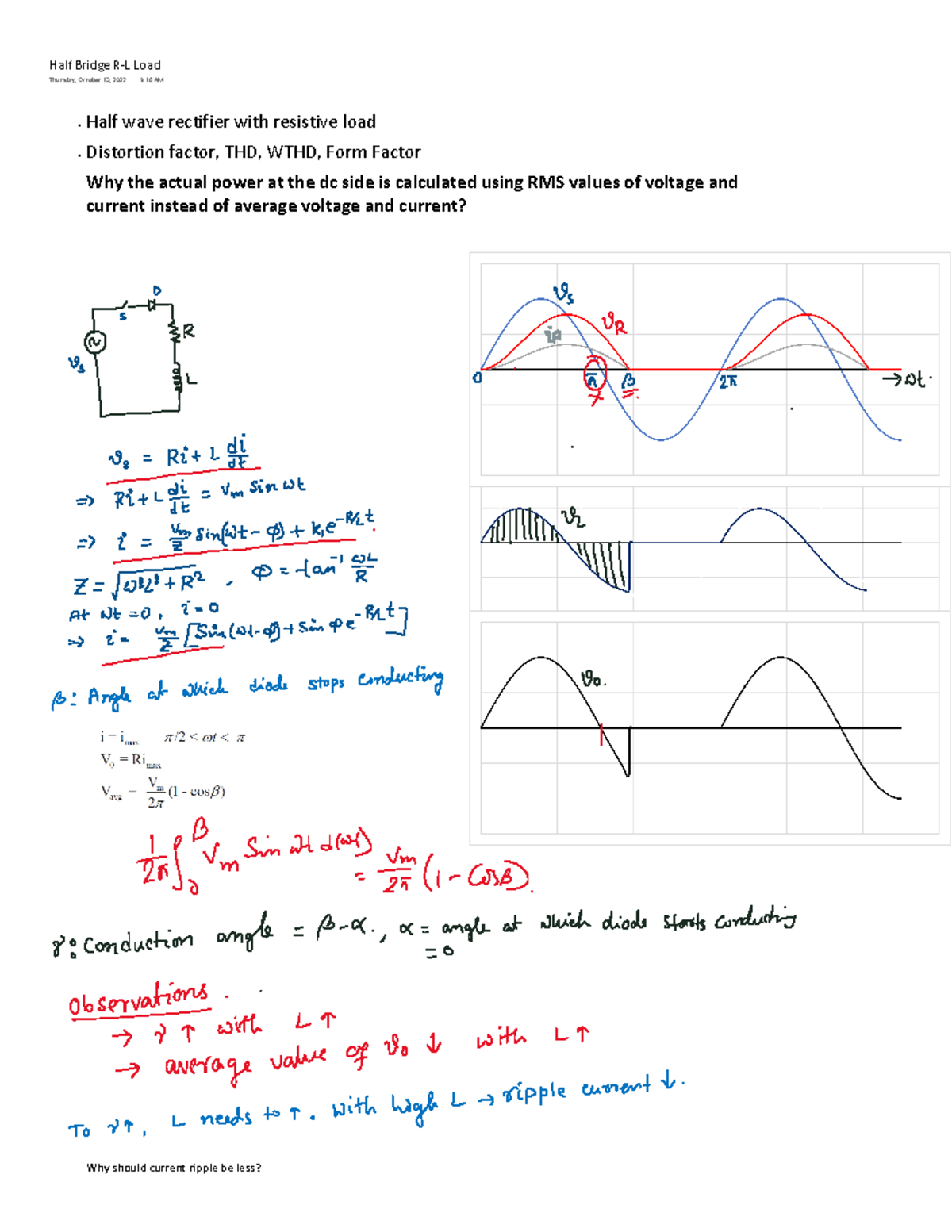 1 Single Phase Half Wave Uncontrolled Rectifier Why Should Current Ripple Be Less Half Wave