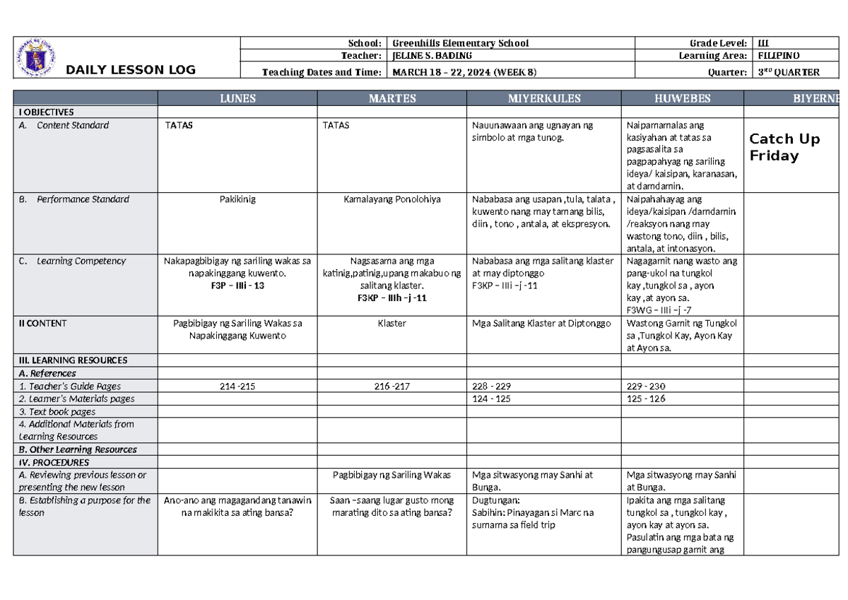 Dll Filipino 3 Q3 W8 Daily Lesson Log School Greenhills Elementary School Grade Level Iii 5334