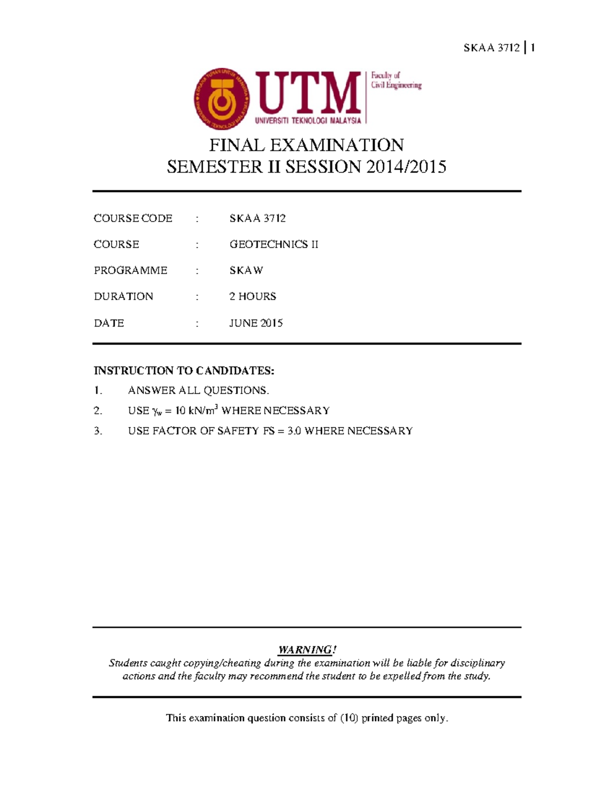 Final geotech 2 - PAST YEAR QUESTION - FINAL EXAMINATION SEMESTER II ...