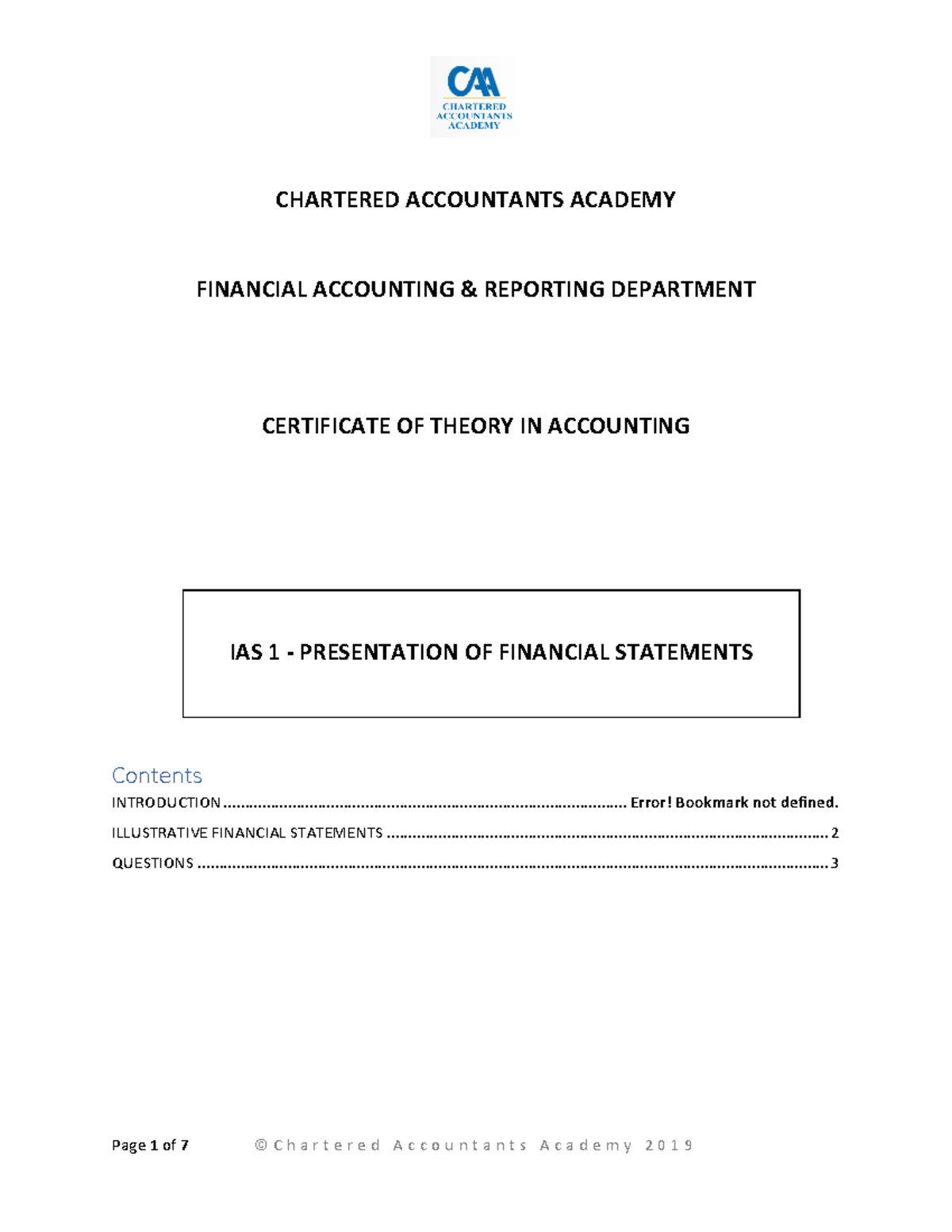 IAS 1 Question Bank CHARTERED ACCOUNTANTS ACADEMY FINANCIAL