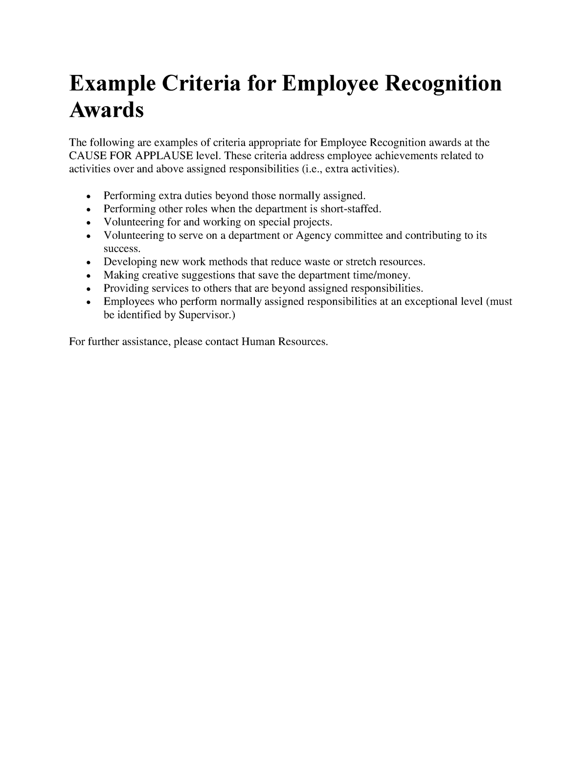 Example Criteria for Employee Recognition Awards - Example Criteria for ...