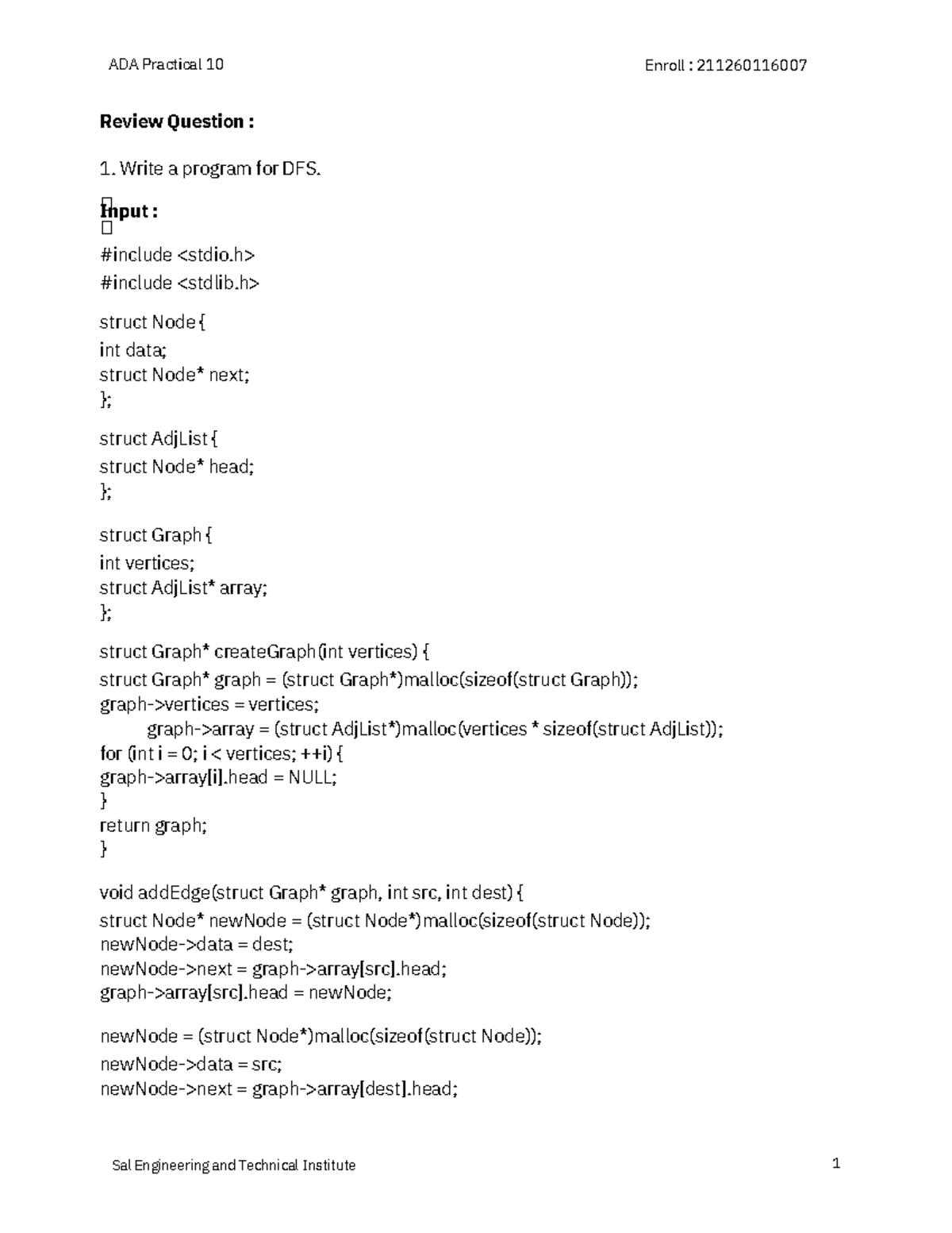 ADA 221263116010 Practical 10 - Review Question : 1. Write a program ...
