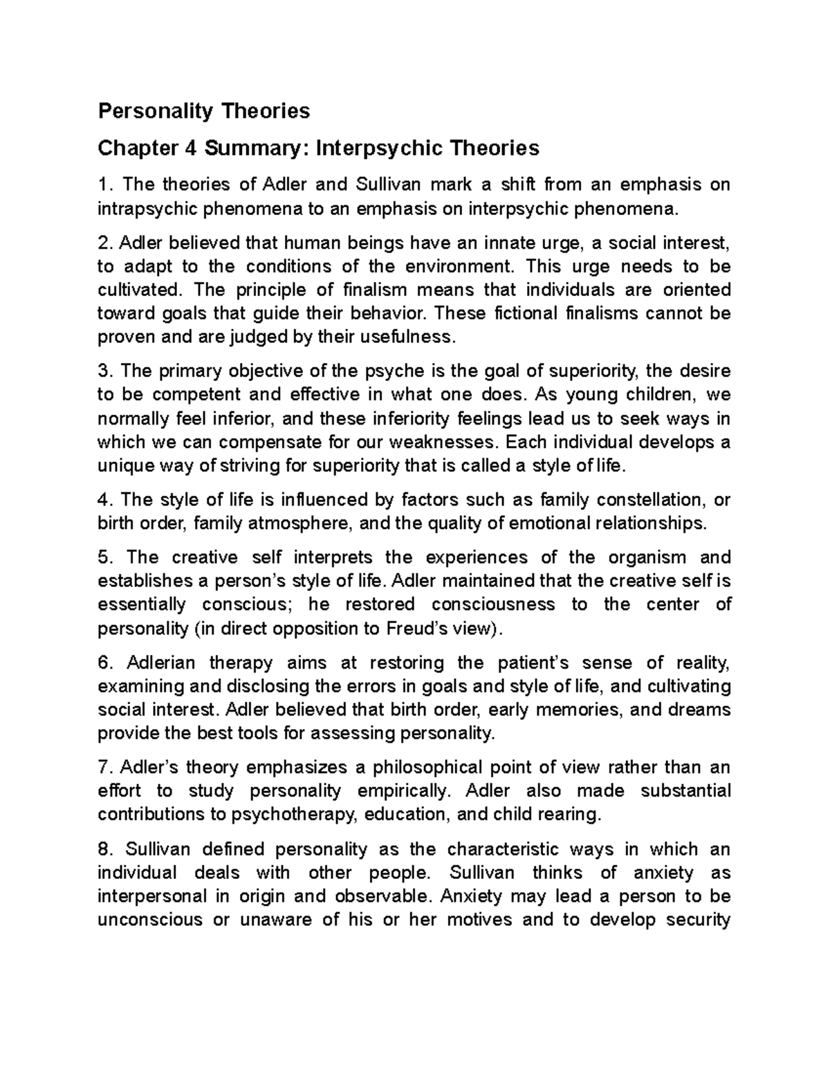 Interpsychic Theories - Personality Theories Chapter 4 Summary ...