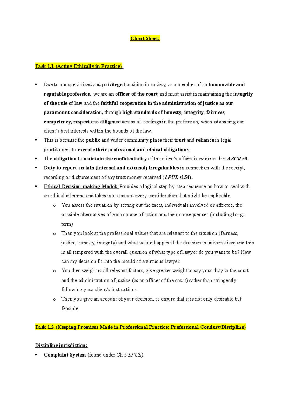 Cheat Sheet summary notes for Ethics Cheat Sheet Task 1 (Acting