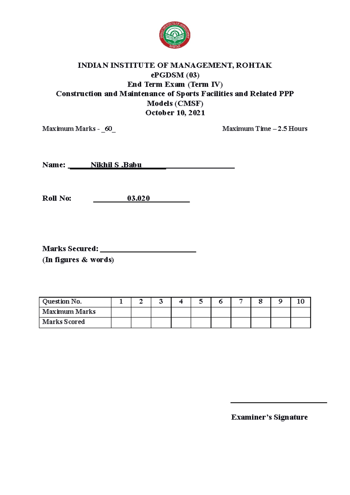 E Pgdsm Construction and Maintenance of Sports Facilities and Related