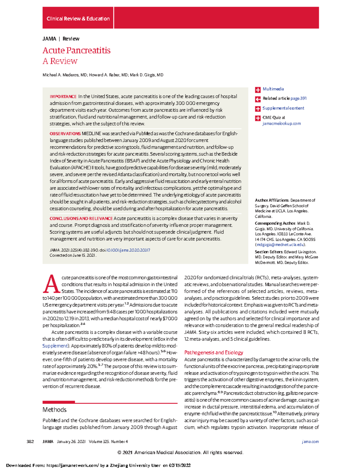 Acute Pancreatitis Jama Acute Pancreatitis A Review Michael A